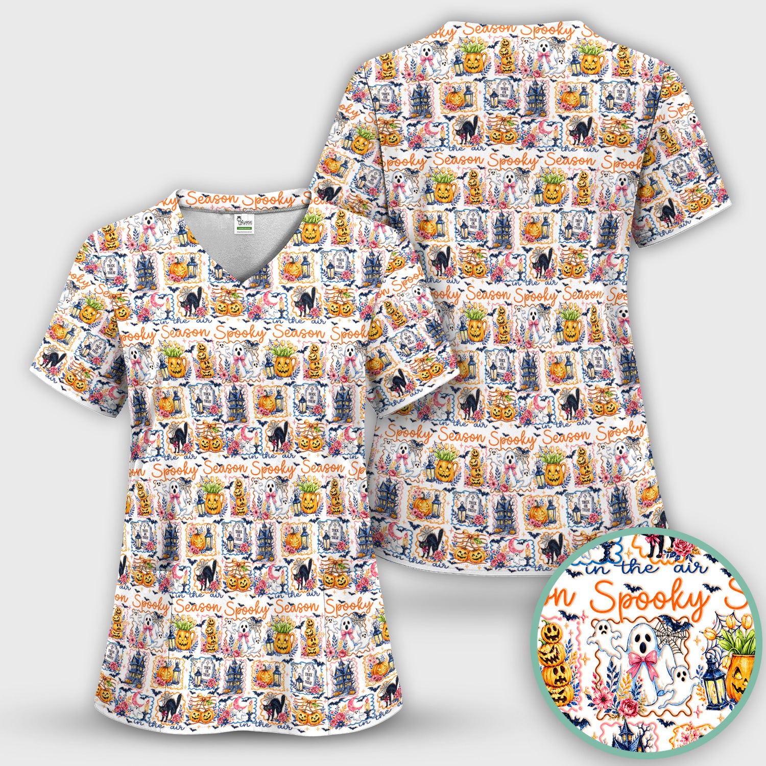 Spooky Halloween Pumpkin Ghost Pattern Scrub Set, Scrub Pants and V Neck Top