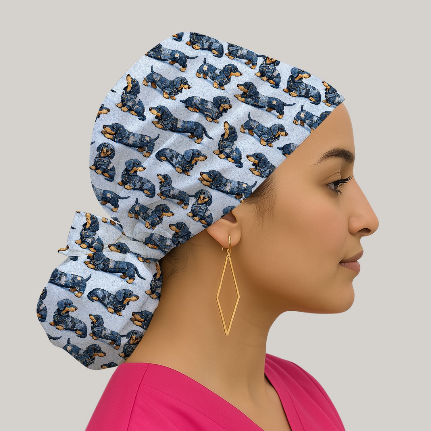 Denim Dachshund Dog Pattern Scrub Cap, Breathable Fabrics Caps Uniform