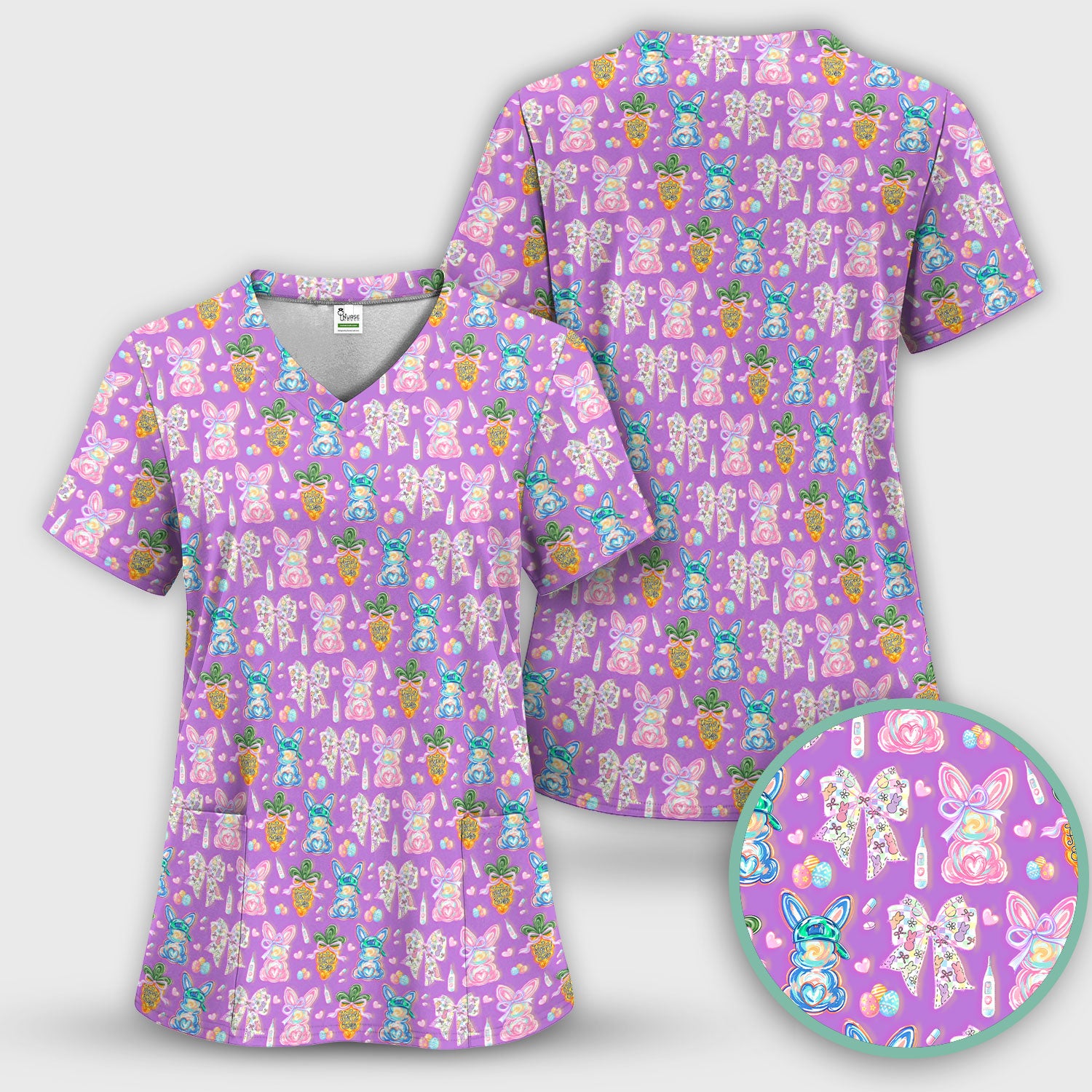 Easter Bunny Carrot Bow Floral Print Scrub Top, Comfortable Scrubs for Nurses