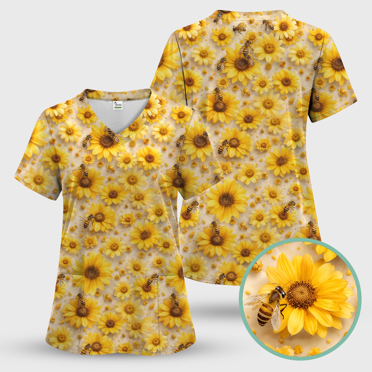 Yellow Sunflower Bee Garden Bloom Pattern Scrub Top, Breathable Fabrics Nursing Uniform
