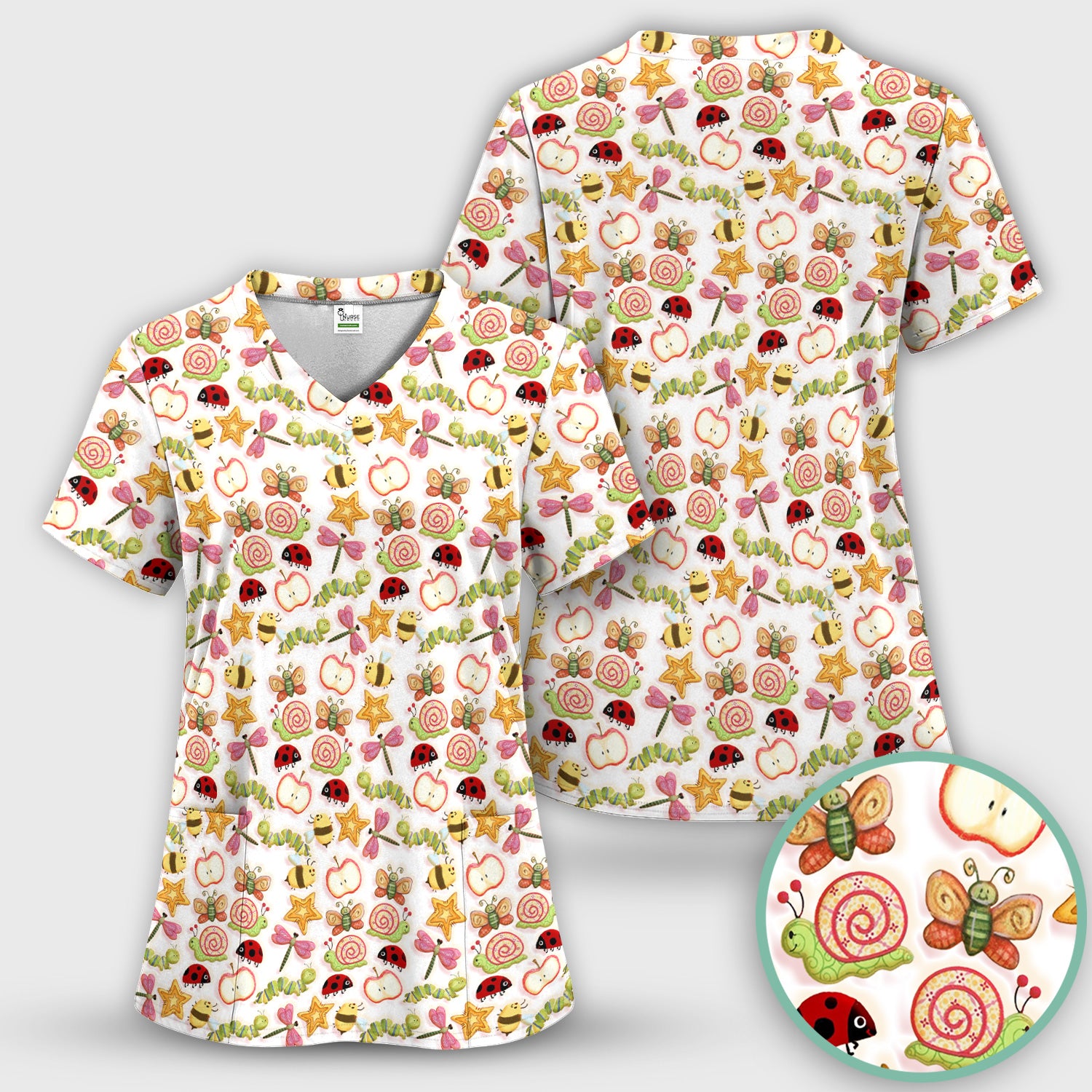 Cute Nurse Snail Ladybug Caterpillar Apple Garden Pattern Scrub Top, Breathable Fabrics Nursing Uniform