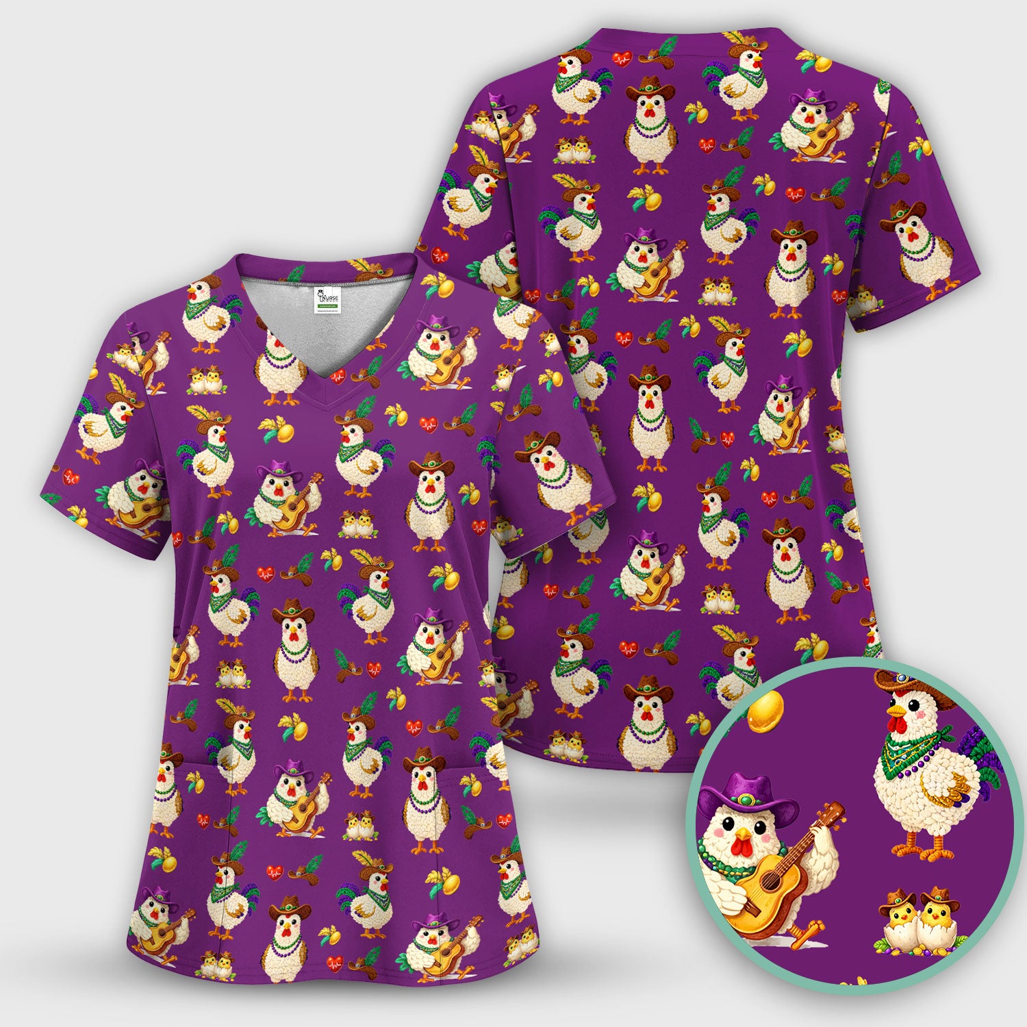 Funny Mardi Gras Rooster Cowboy Print Scrub Top, Comfortable Scrubs for Nurses