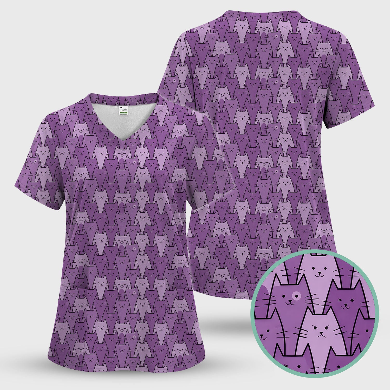 Cute Purple Cats Pattern Scrubs Top, Comfortable Scrubs for Nurses