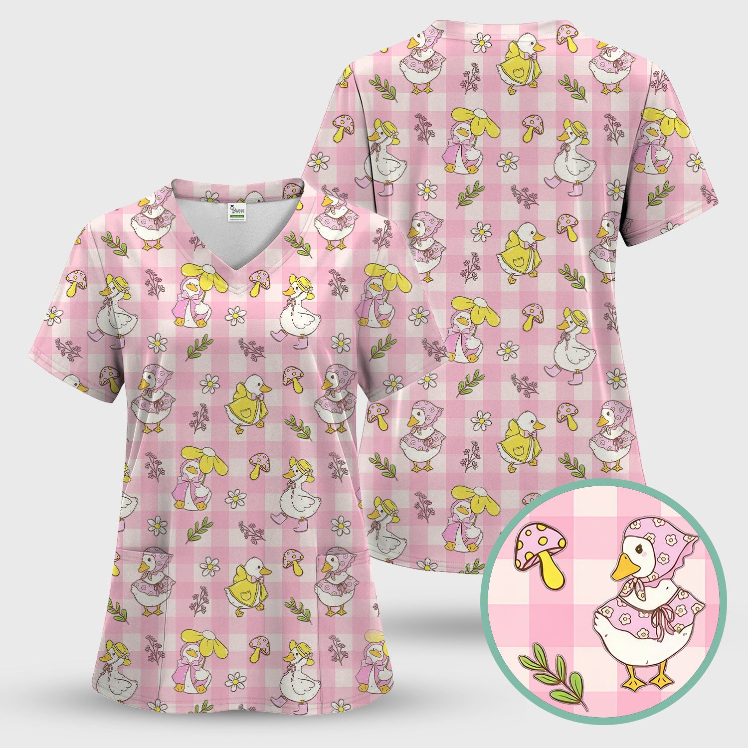 Cute Duck Outfit Gingham Pattern Scrub Top, Comfortable Scrubs for Nurses
