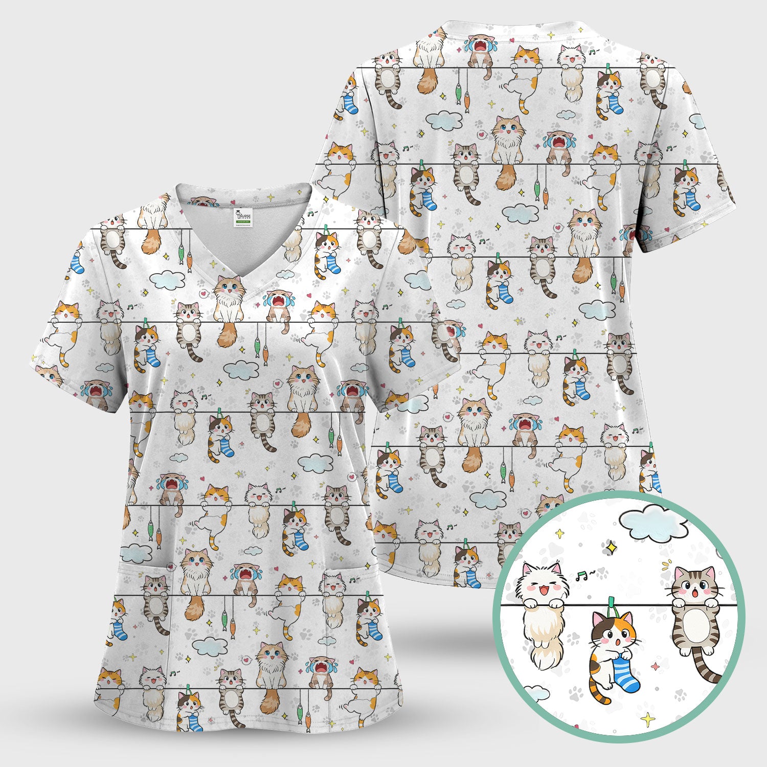 Funny Cats With Cute Expressions Pattern Scrubs Top, Comfortable Scrubs for Nurses