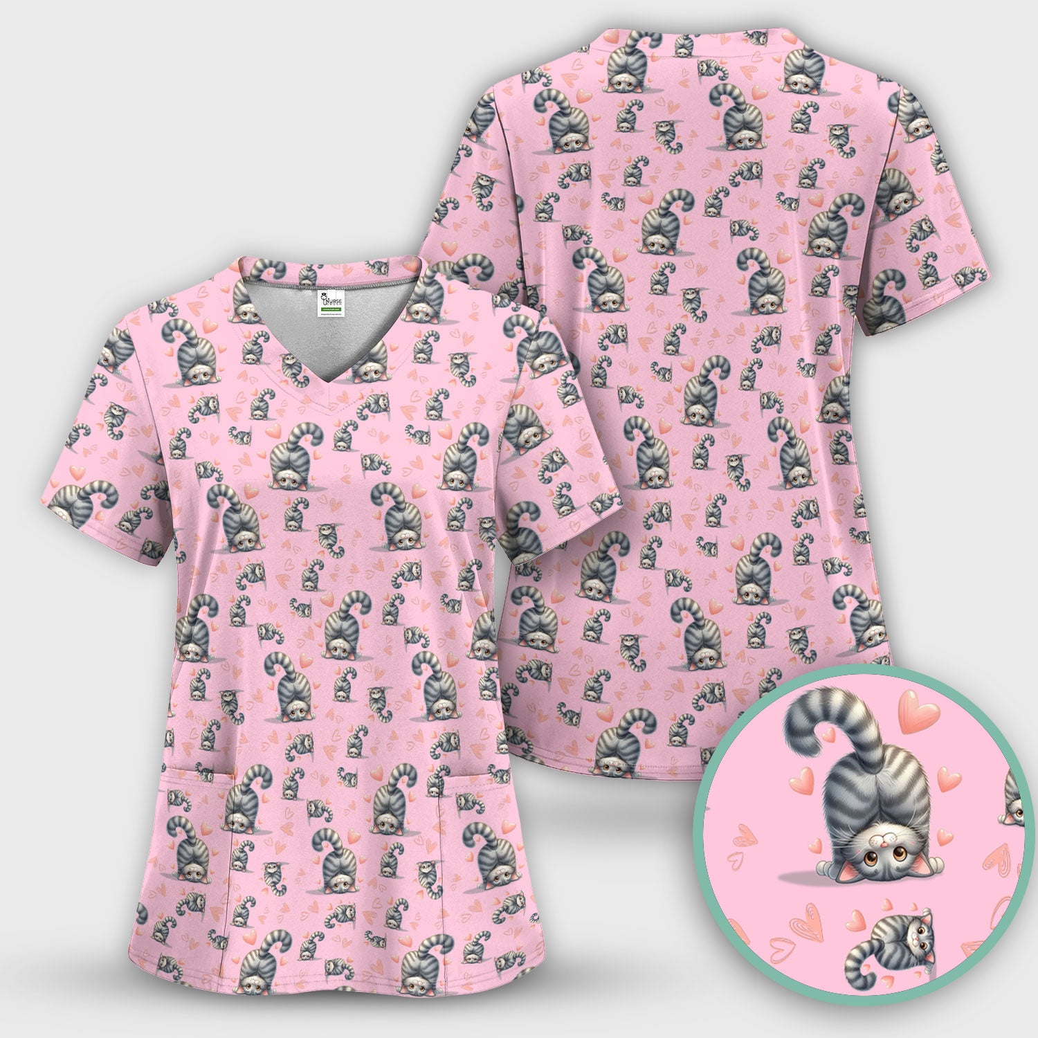 Valentine Cute Cat Scrub Set, Cat Heart Pattern Nurse Uniform, Comfortable Scrubs For Nurses