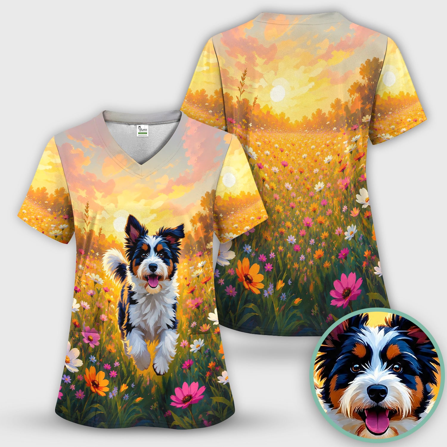 Cute Floral Meadow Dog Print Scrub Top, Comfortable Scrubs for Nurses
