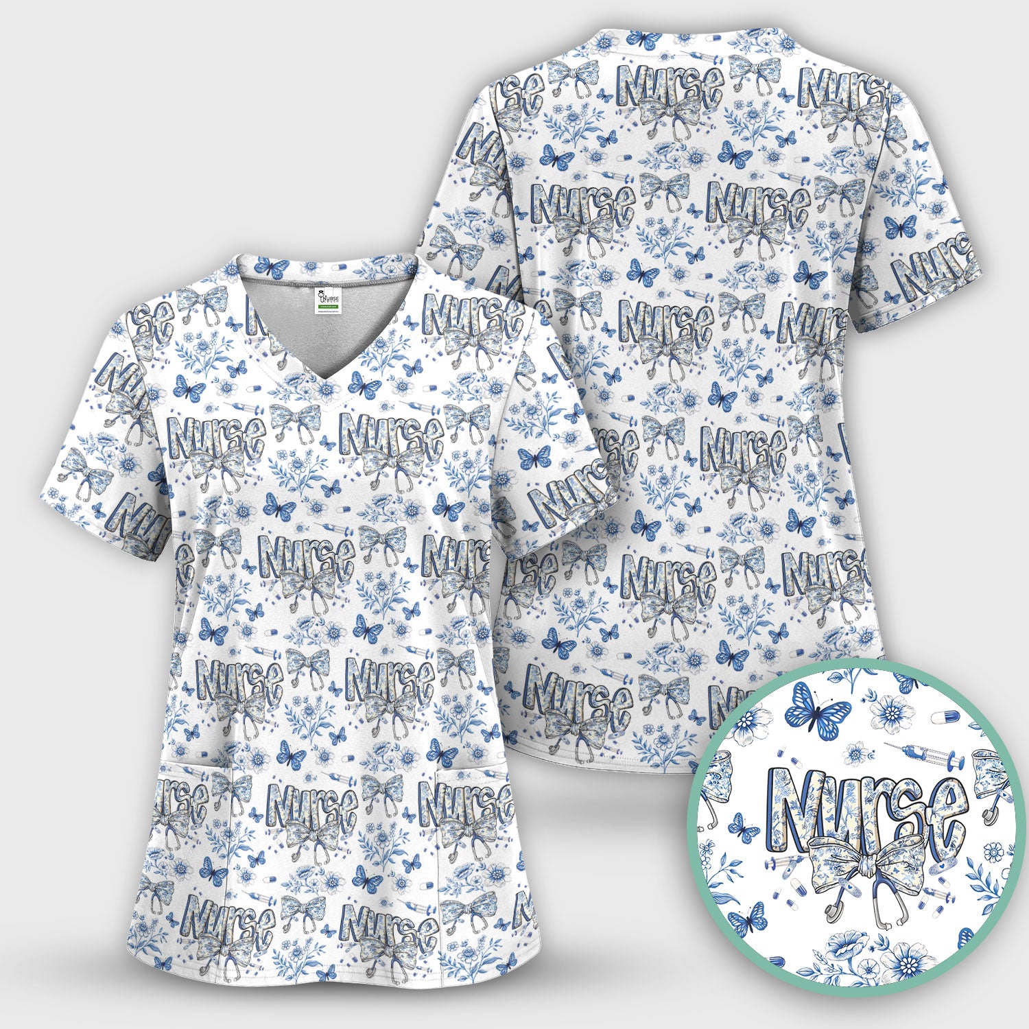 Blue Nurse Letter Bow Butterfly Floral Print Scrub Top, Comfortable Scrubs for Nurses