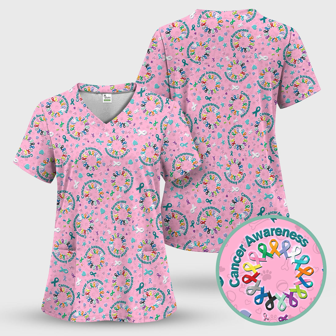 Cancer Awareness Scrub Top for Women - Colorful Ribbon Nursing Shirt - Support Cancer Warrior Medical Uniform RN CNA LPN Gift