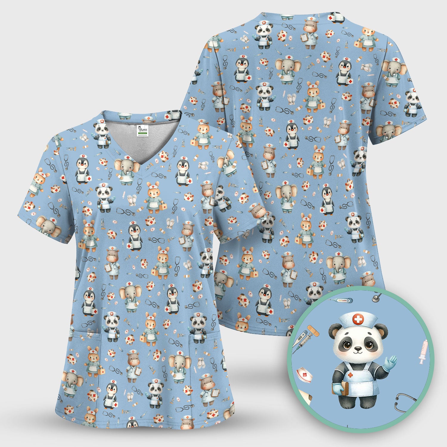 Cute Animal Scrub Top for Women - Panda Bunny Penguin Print Med Uniform - Comfortable Pastel Scrubs for Nurses