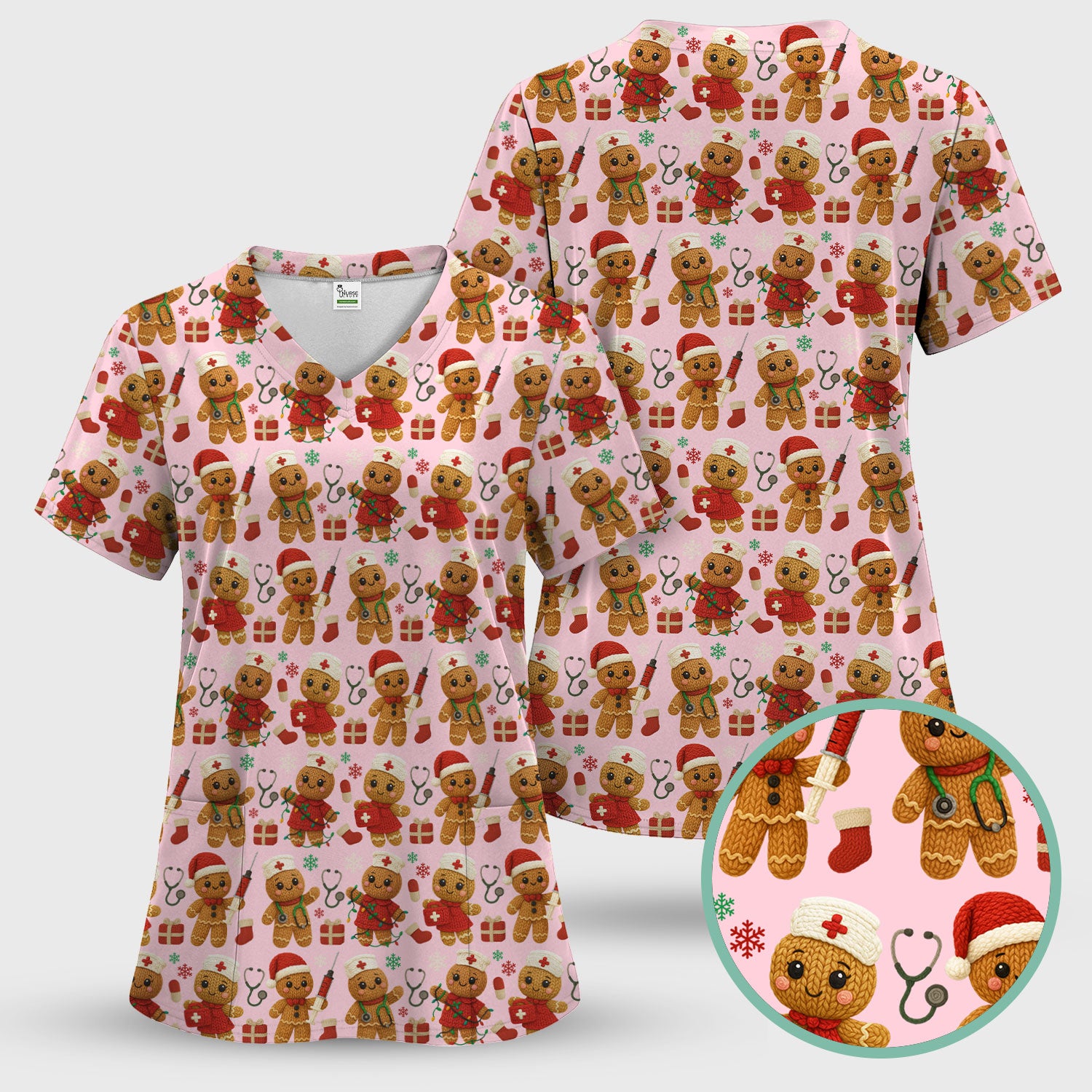 Cute Gingerbread Nurse Scrubs for Women - Christmas Pattern Scrub Top & Pants - Festive Holiday Scrubs with Charming Gingerbread Design
