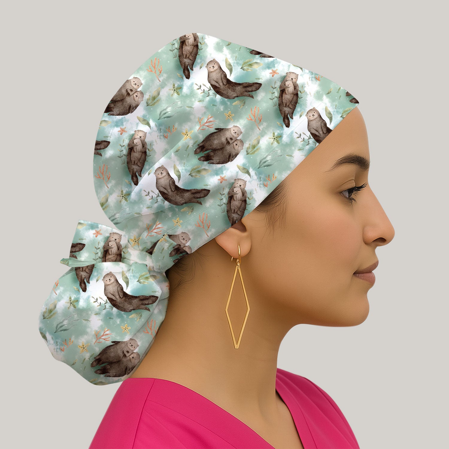 Cute Sea Otter Watercolor Print Scrub Cap, Breathable Fabrics Caps Uniform