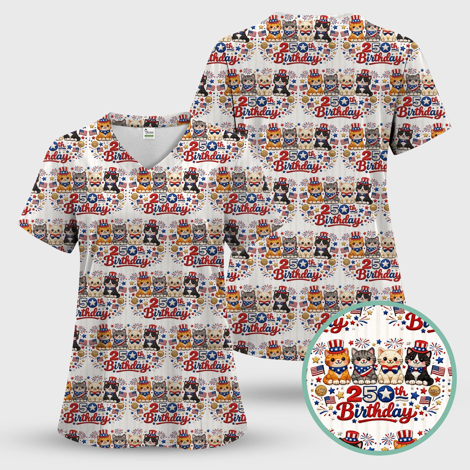 America 250th Anniversary Cat Pattern Scrub Top, Comfortable Scrubs for Nurses