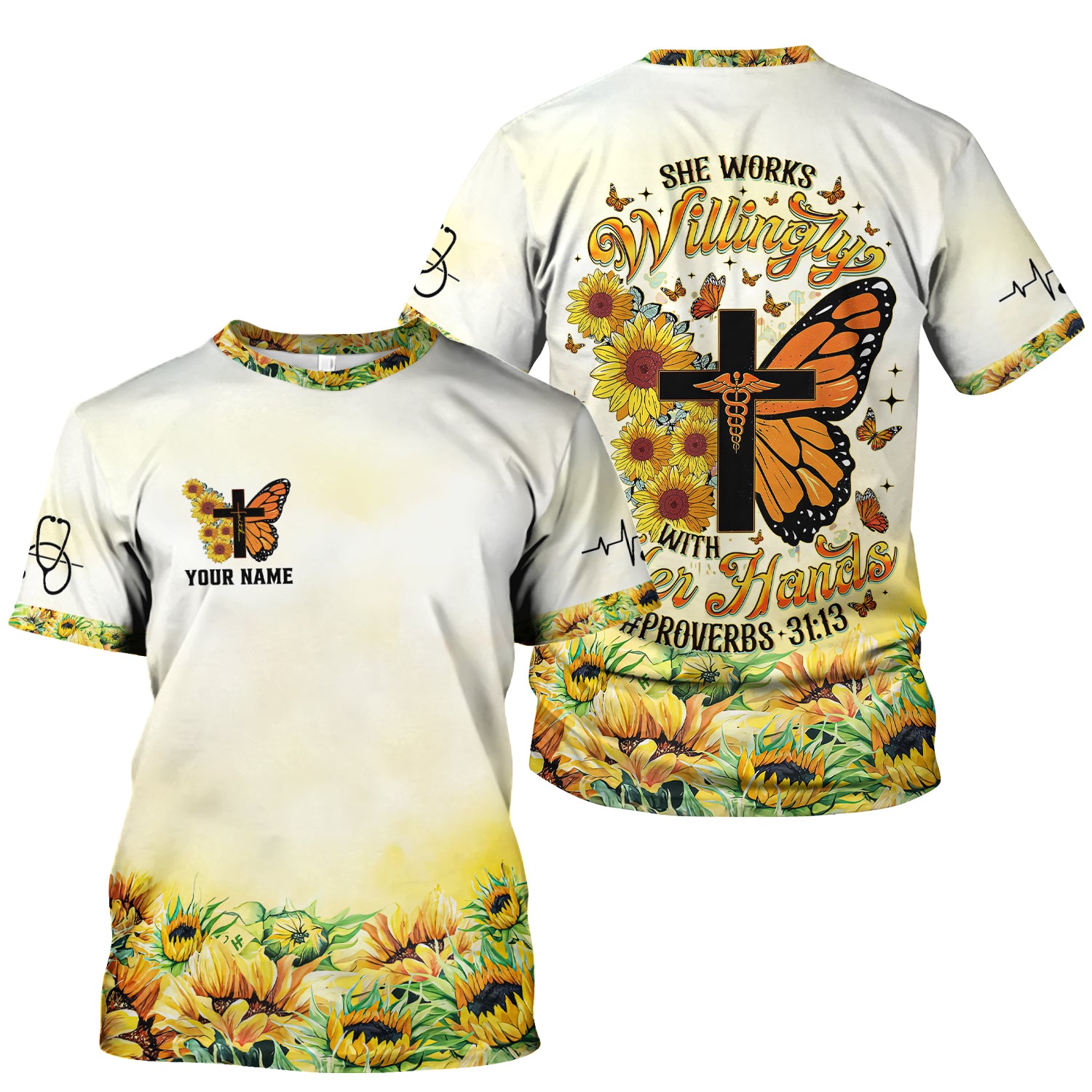 Personalized Christian Nurse Scrub Top - Sunflower Butterfly Cross & Bible Verse - Gift for RN LPN CNA Healthcare Workers
