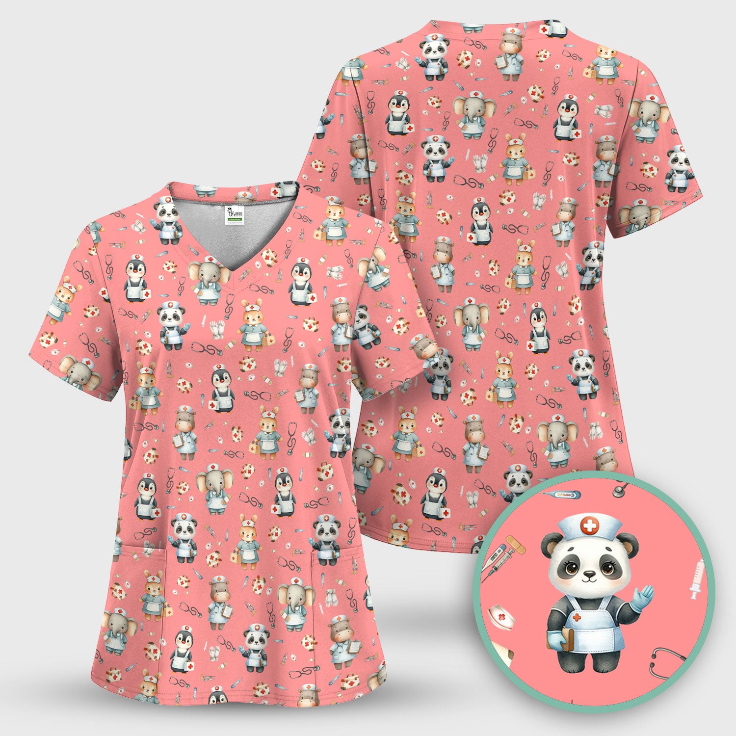 Cute Animal Scrub Top for Women - Funny Panda Rabbit Penguin Shirt - Breathable Med Uniform - Comfortable Scrubs for Nurses