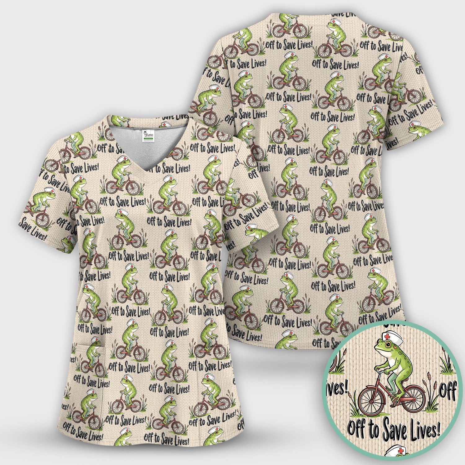 Nurse Frog Riding Bicycle Pattern Scrub Top, Breathable Fabrics Nursing Uniform Scrub Top, Comfortable Scrubs for Nurses