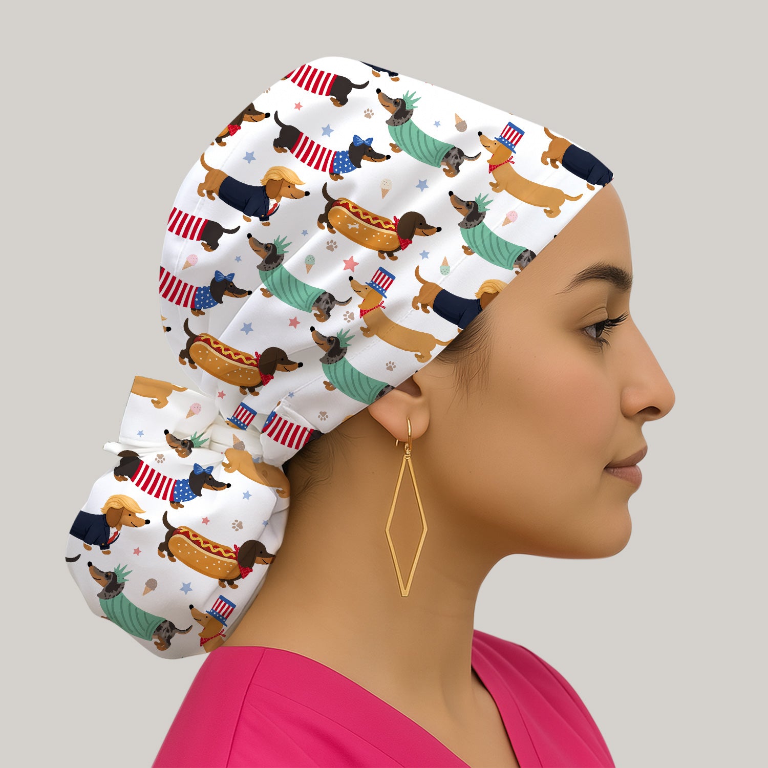 Funny Patriotic Dachshund Costume Dogs Pattern Cap, Bouffant Scrub Caps for Women