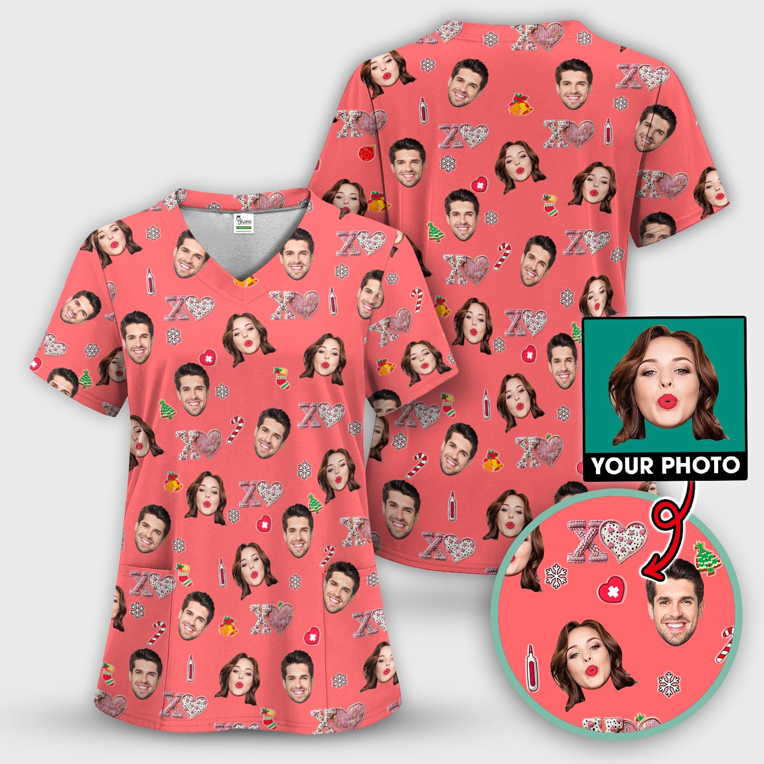 Custom Face Pattern XOXO Scrub Shirt, Personalized Photo Scrub Top, Breathable Fabrics Nursing Uniform