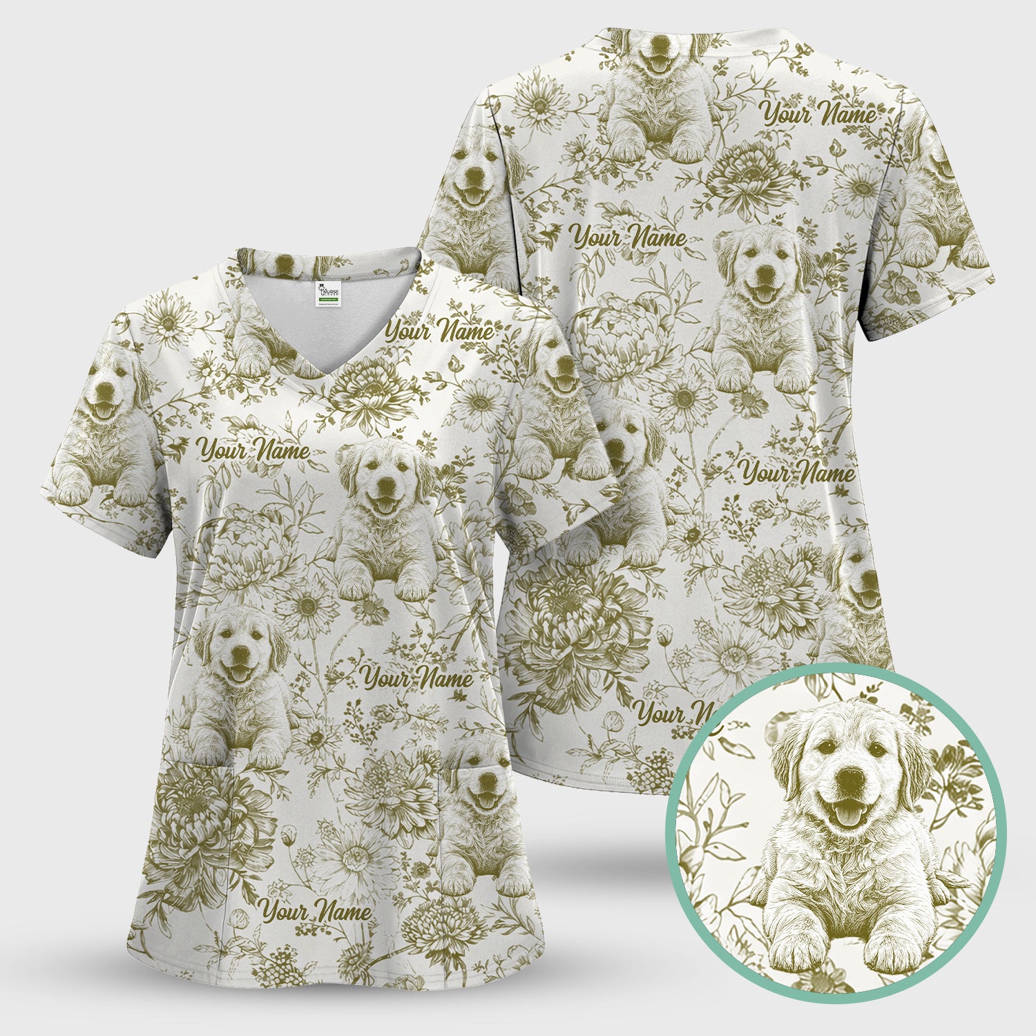Personalized Custom Pet Photo Name Floral Pattern Scrub Top, Breathable Fabrics Nursing Uniform