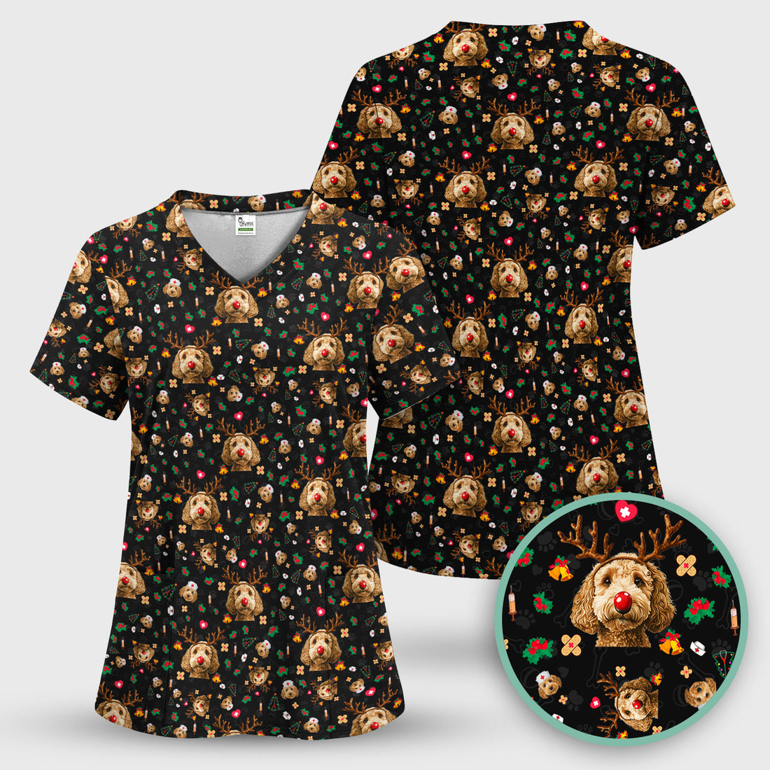 Christmas Labradoodle Scrub Top - Funny Reindeer Dog Nurse Shirt - Cute Holiday Medical Uniform for Women Healthcare Gift
