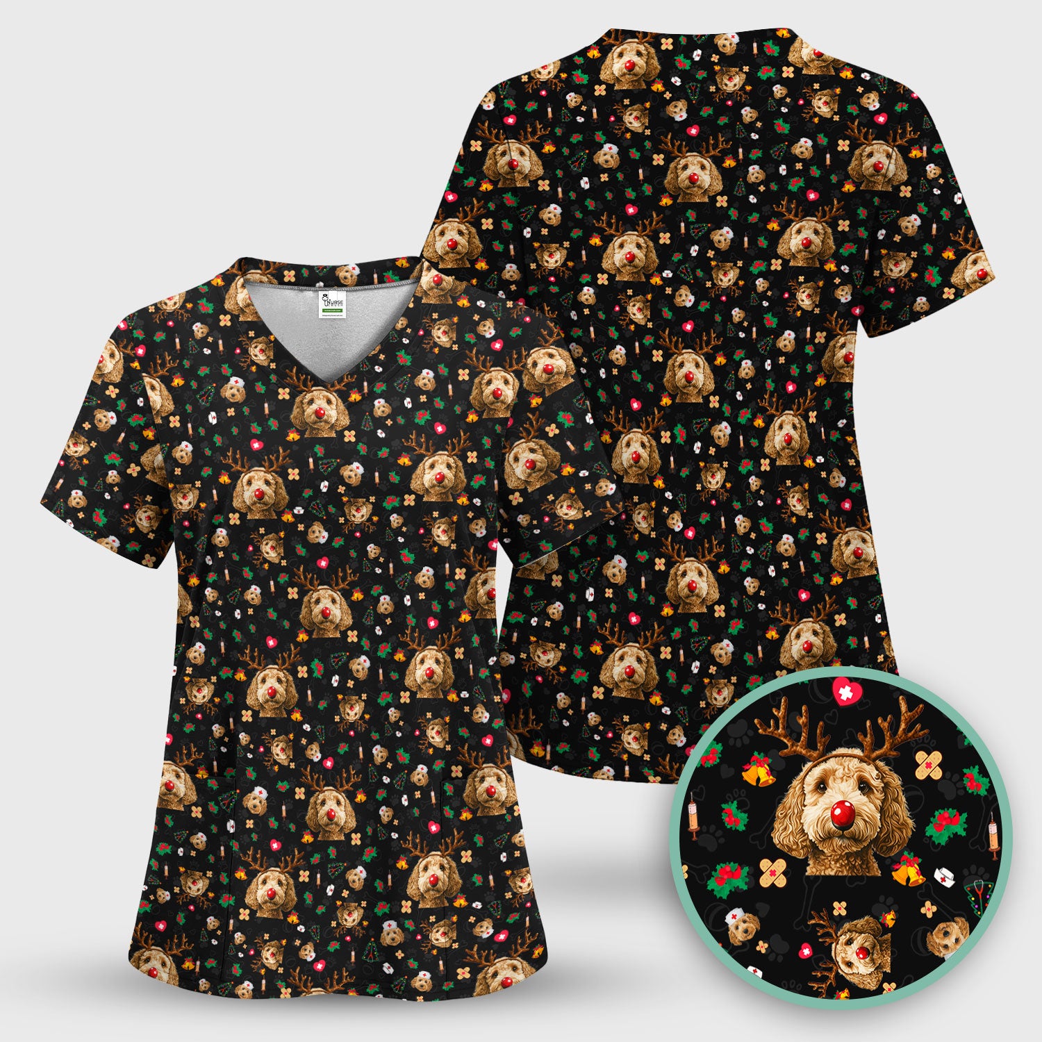 Christmas Labradoodle Scrub Top - Funny Reindeer Dog Nurse Shirt - Cute Holiday Medical Uniform for Women Healthcare Gift