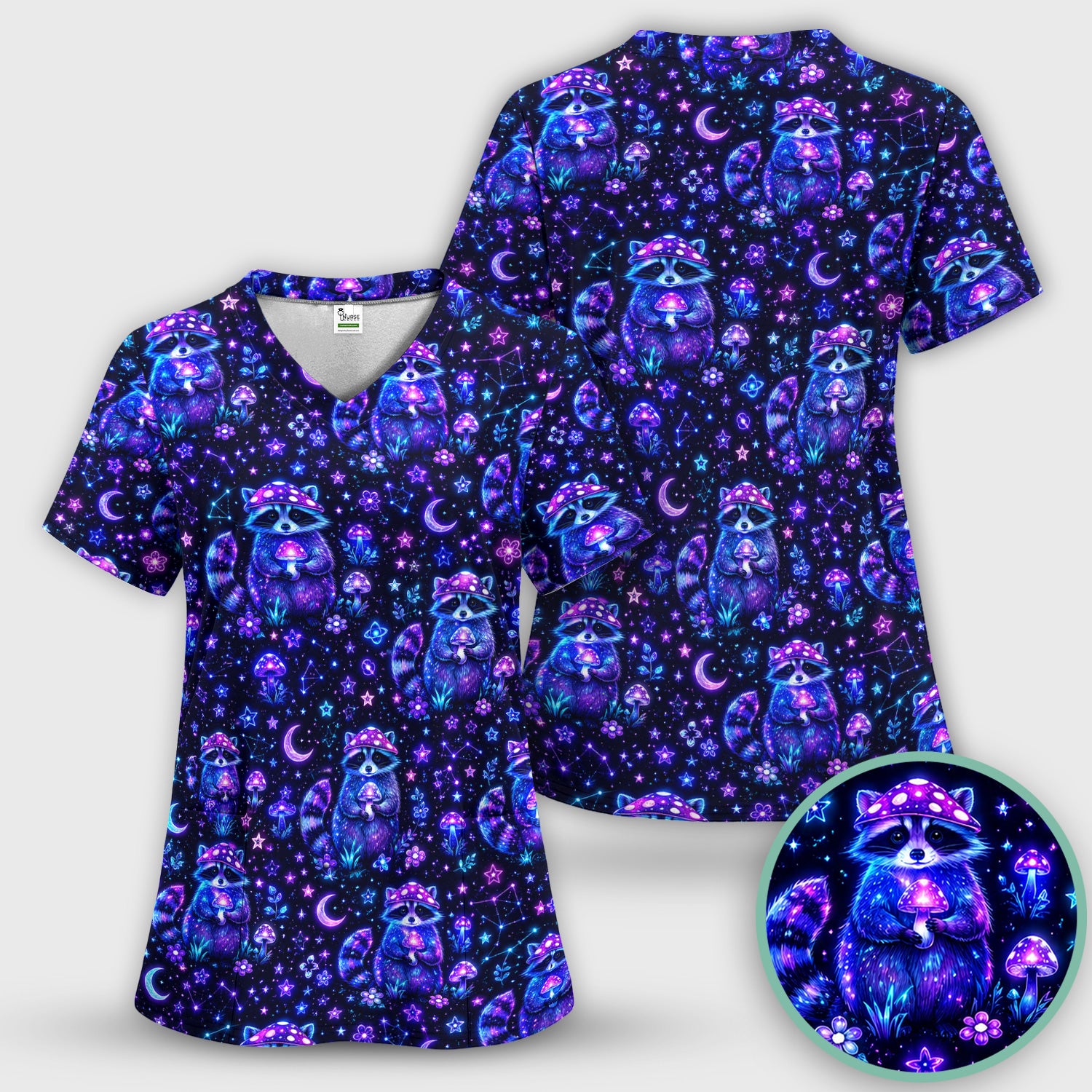 Neon Mushroom Raccoon Nurse Pattern Scrub Set, Scrub Pants and V Neck Top