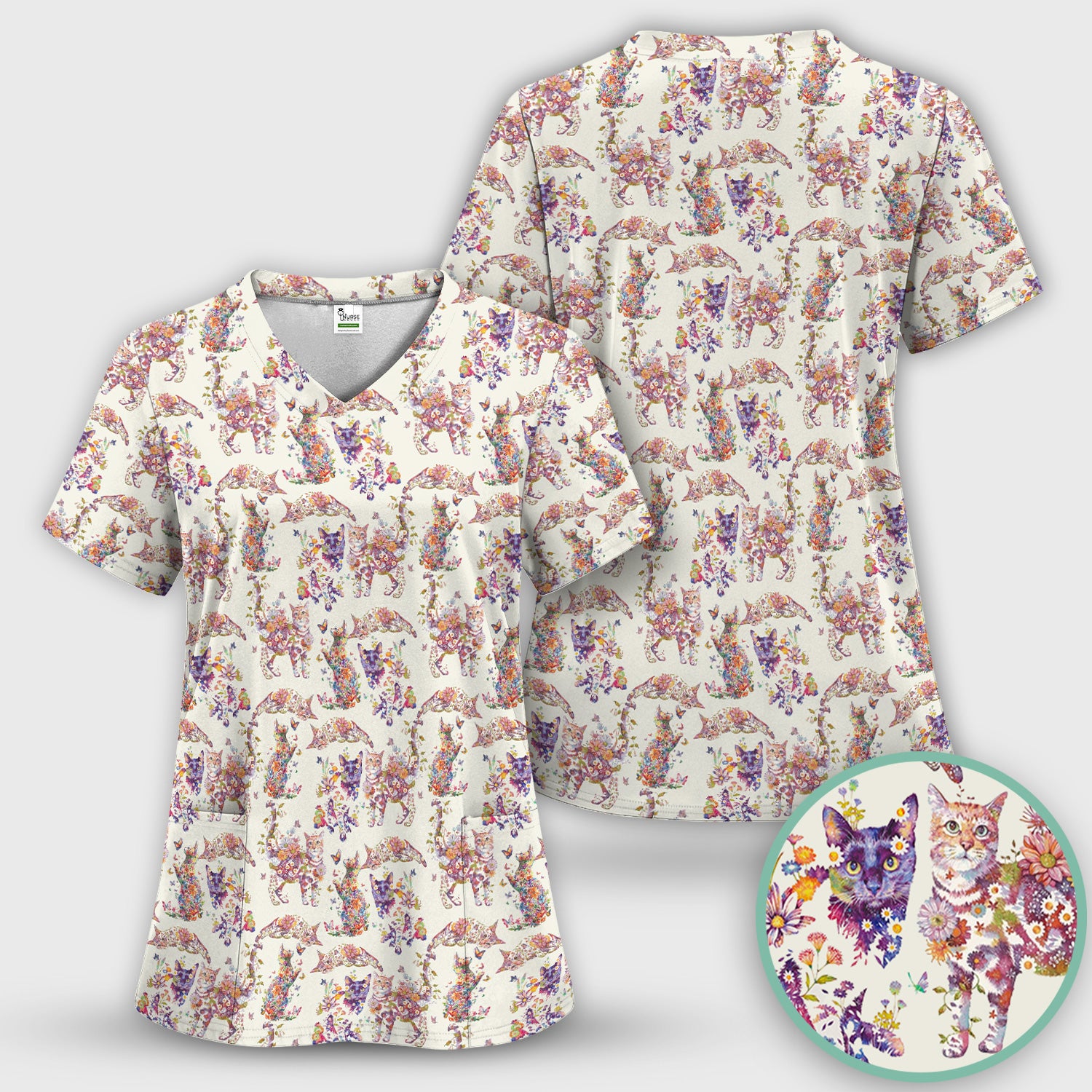 Whimsical Floral Cat Garden Pattern Scrub Top, Comfortable Scrubs for Nurses