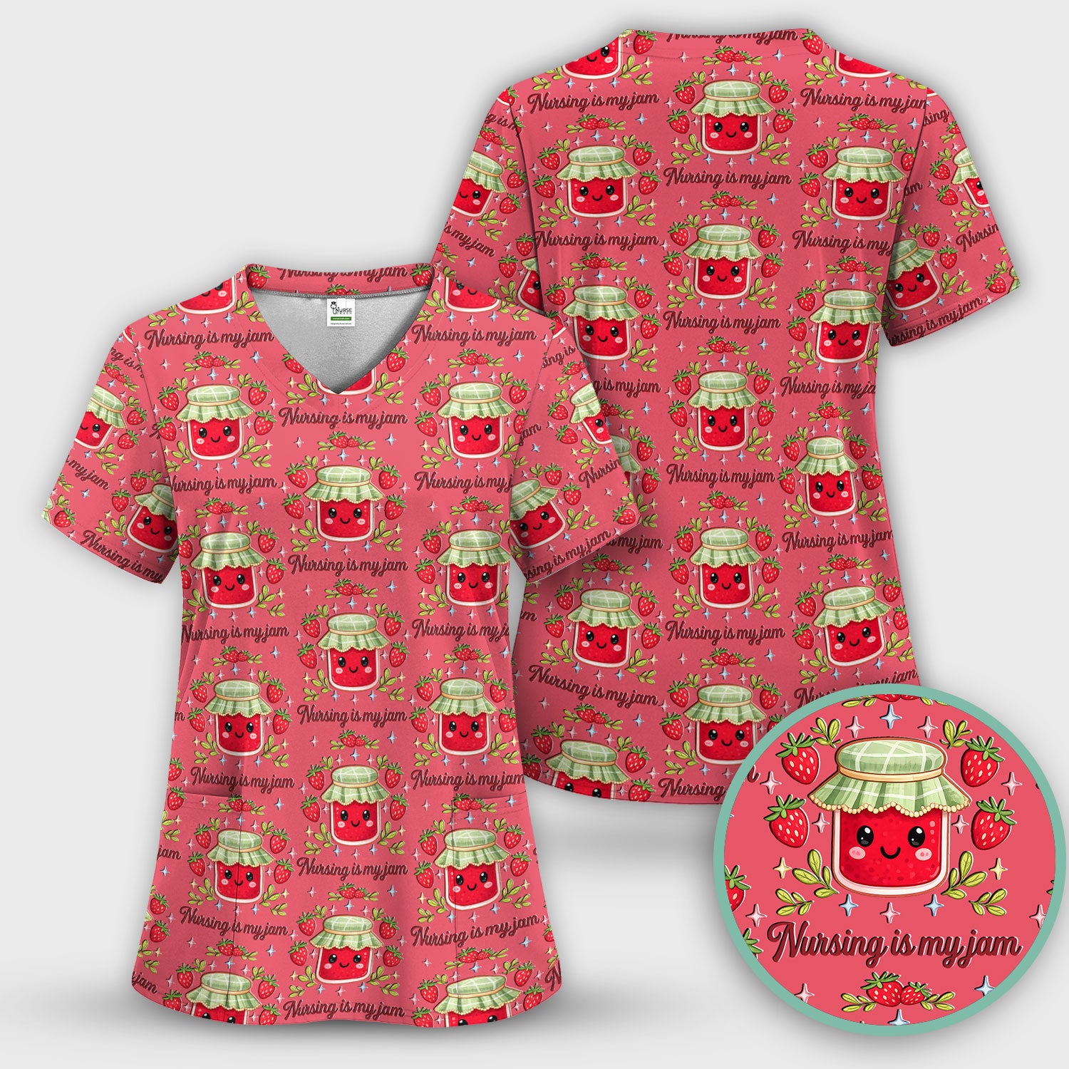 Cute Strawberry Jam Nurse Pattern Scrub Set, Breathable Med Uniform