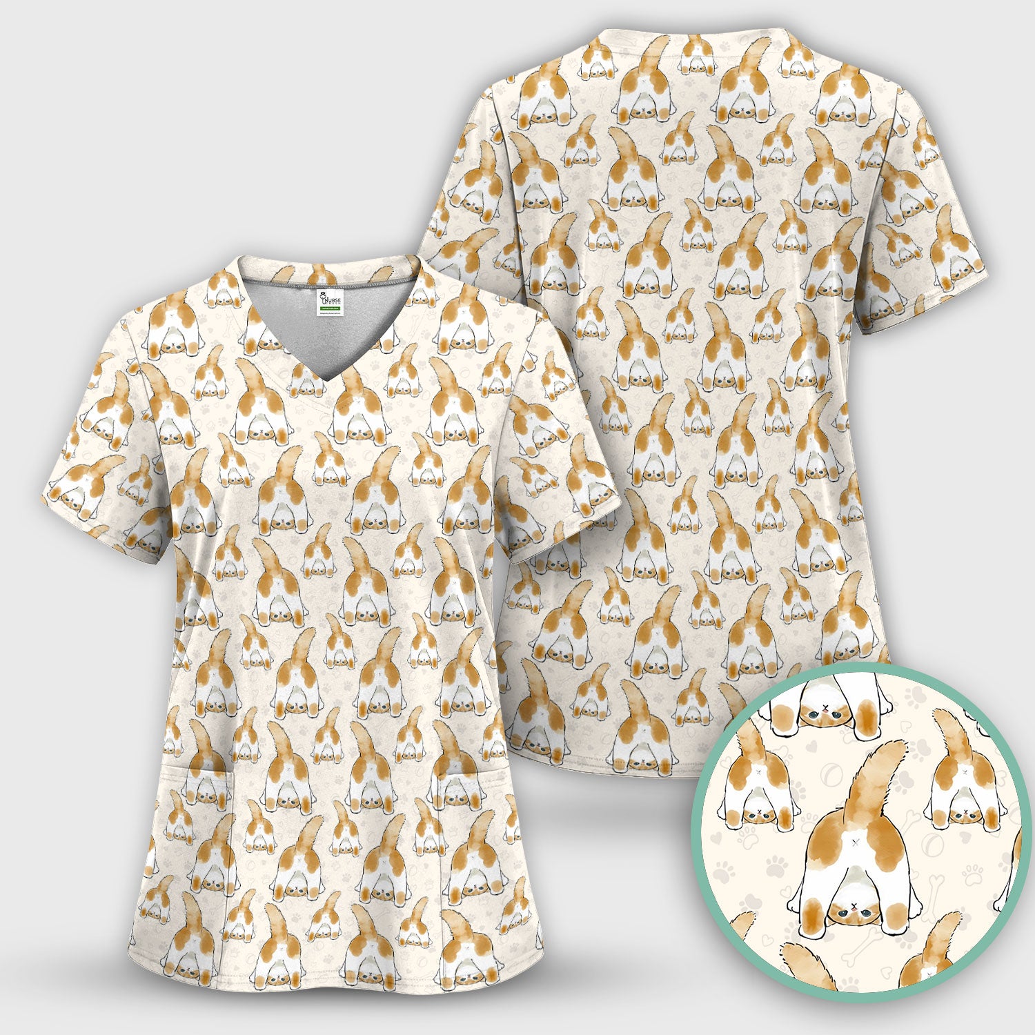 Cute Cat Butt Nurse Scrub Top, Cat Pattern Medical Shirt For Pet Lover, Breathable Fabrics Nursing Uniform