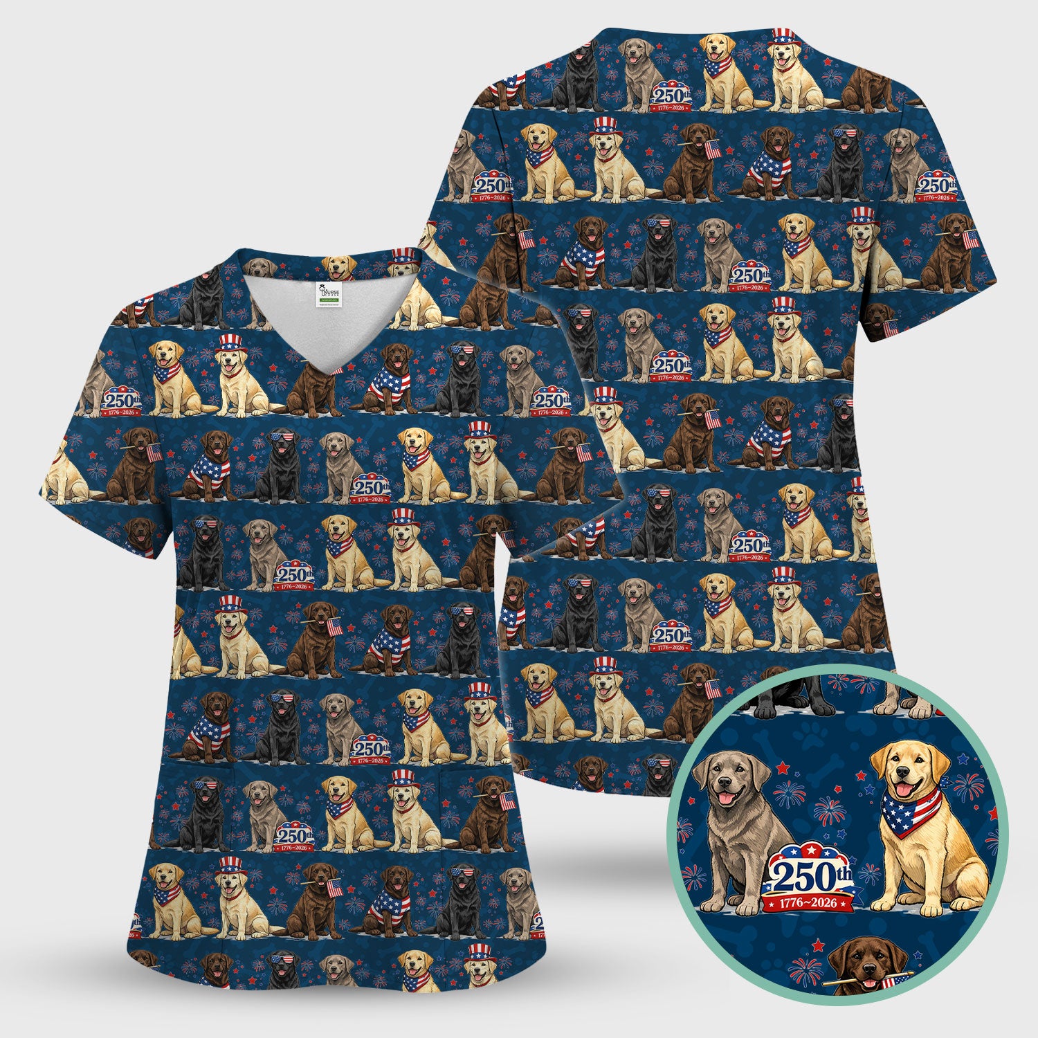 4th of July Labrador Dog Patriotic Print Scrub Set, Scrub Pants and V Neck Top