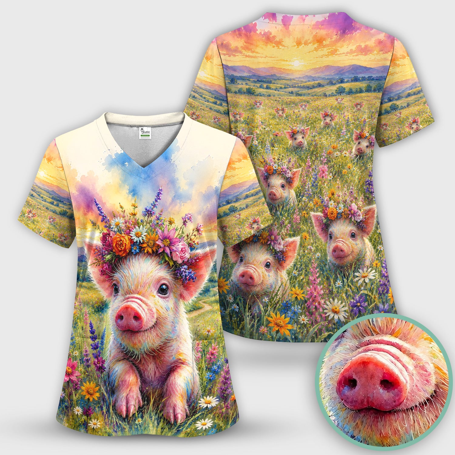 Cute Floral Piglet Pediatric Pattern Scrub Top, Comfortable Scrubs for Nurses