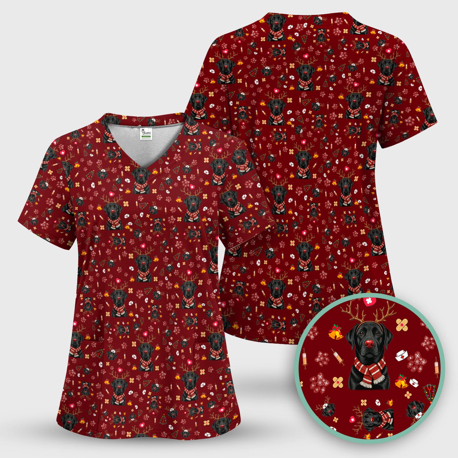 Funny Black Lab Reindeer Scrub Top - Christmas Dog Nurse Shirt - Cute Holiday Medical Uniform Gift for RN LPN CNA