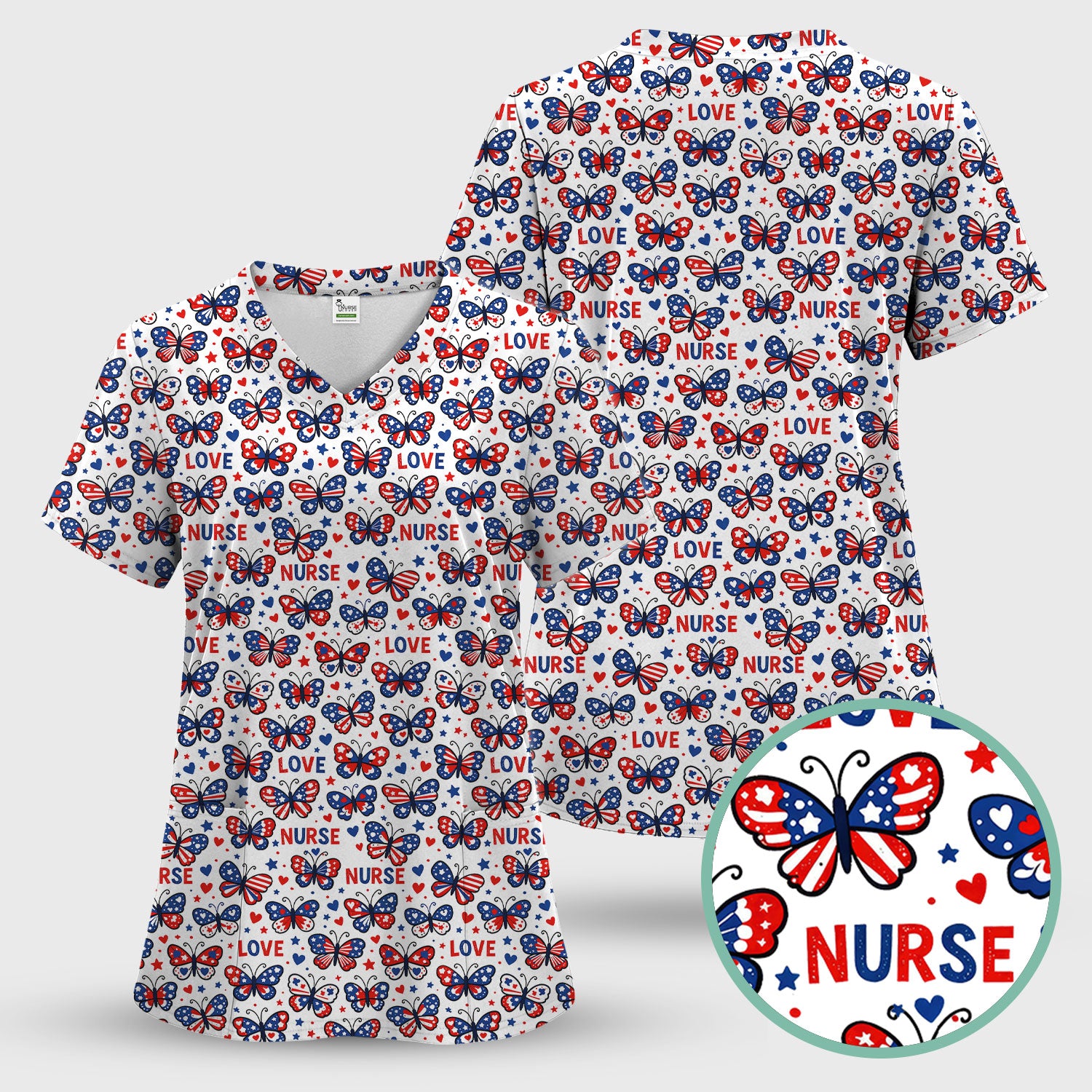 USA Patriotic Butterfly Nurse Scrub Set, Comfortable Uniform Scrubs For Nursing
