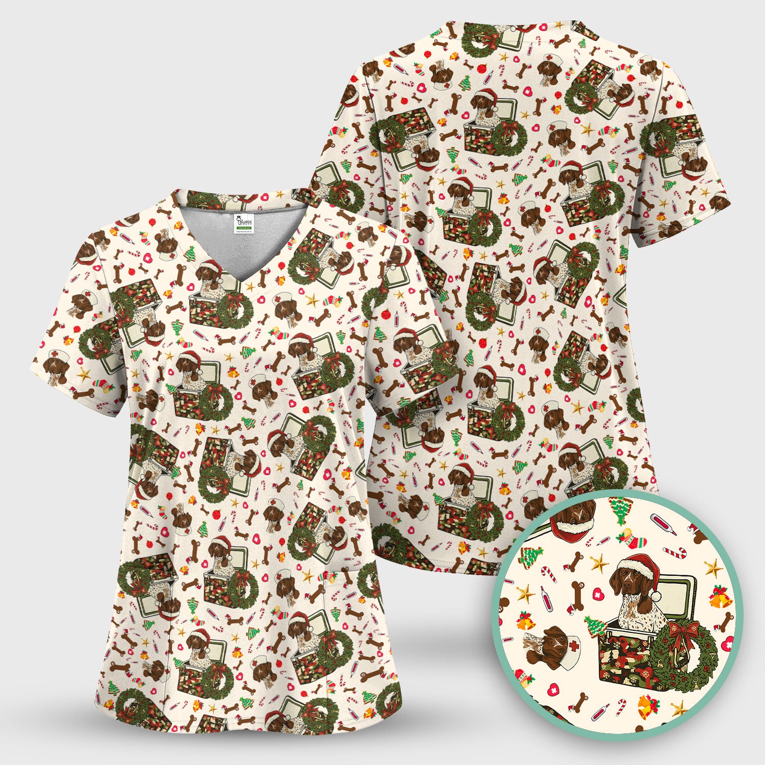 Christmas Dachshund Scrub Top - Cute Sausage Dog Nurse Shirt - Funny Holiday Medical Uniform for Women RN LPN CNA Gift