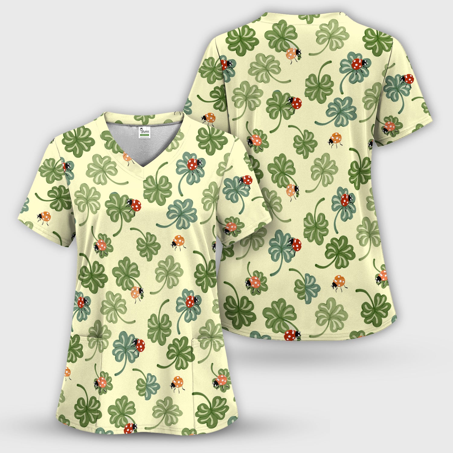 Clover and Ladybug Lucky Garden Pattern Scrubs Top, Comfortable Scrubs for Nurses