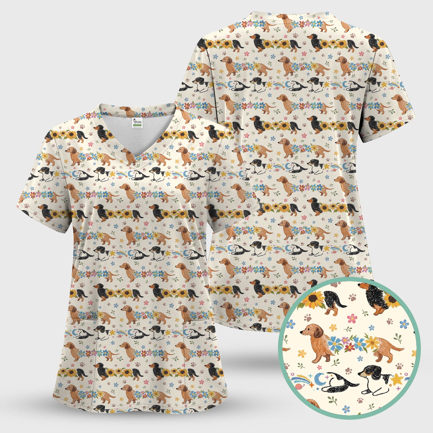 Floral Wiener Dog Pattern Scrub Set, Scrub Pants and V Neck Top