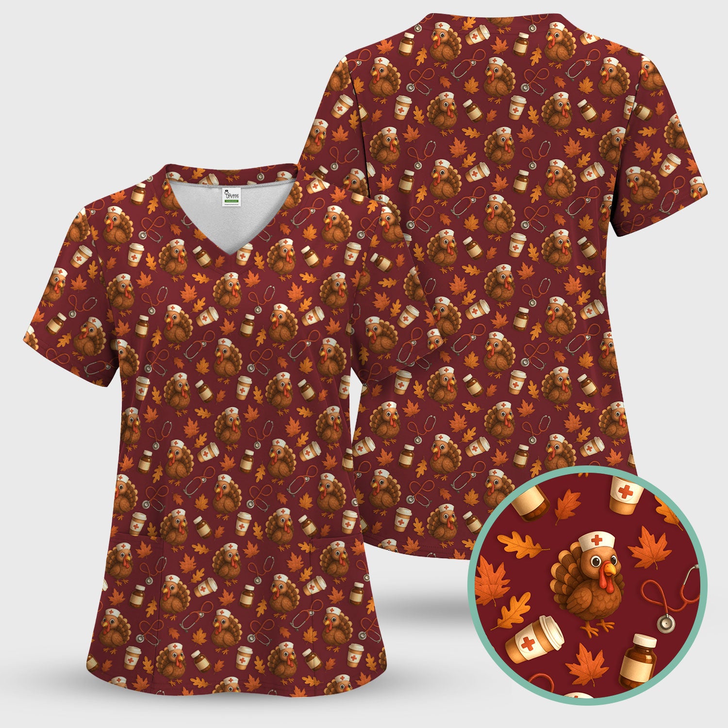 Turkey Pattern Thanksgiving Scrub Set - Fall Leaves and Nurse Tools Print Scrubs - Fun Autumn Medical Pants and Top Gift for RN CNA LPN