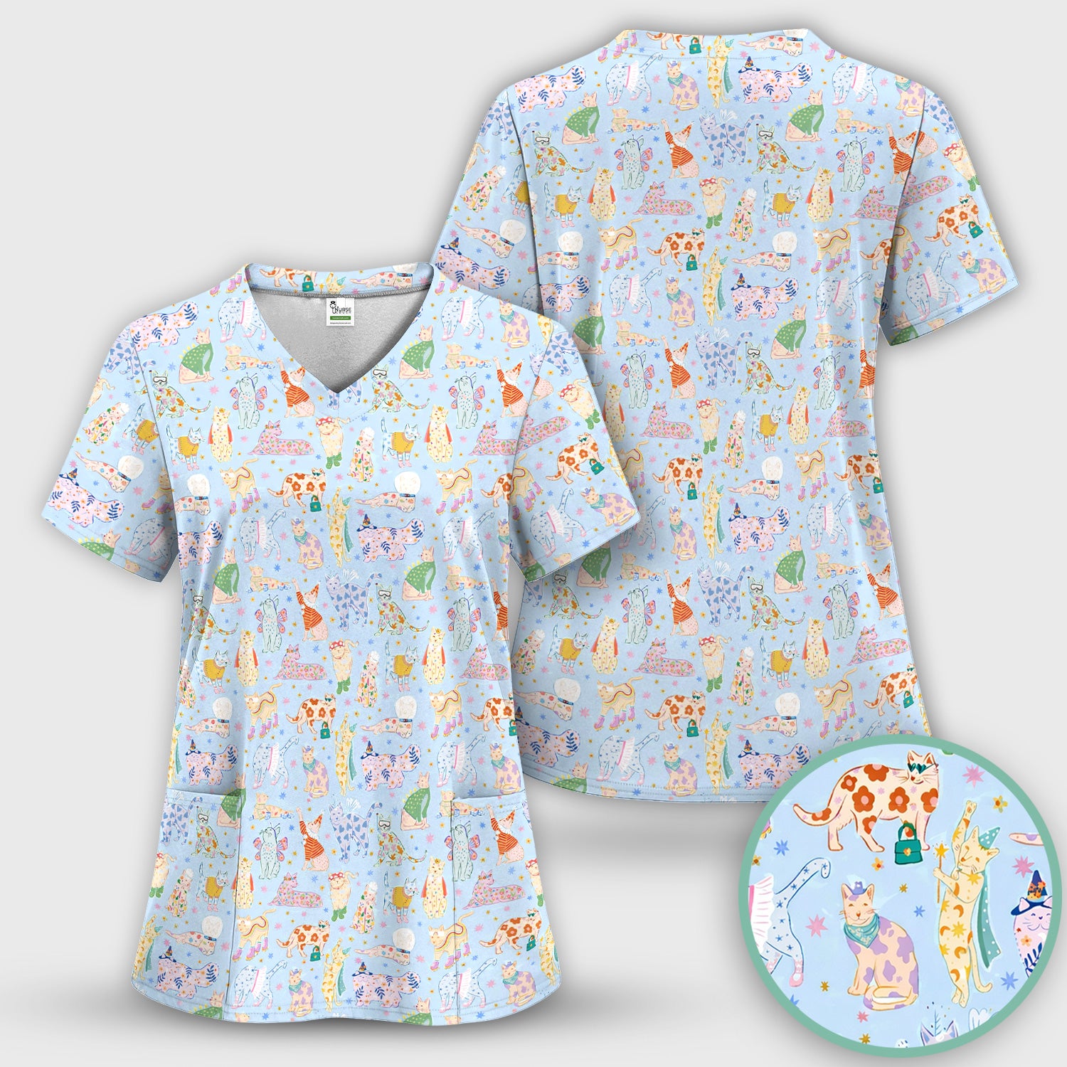 Cute Colorful Cats Pattern Scrub Set, Scrub Pants and V Neck Top