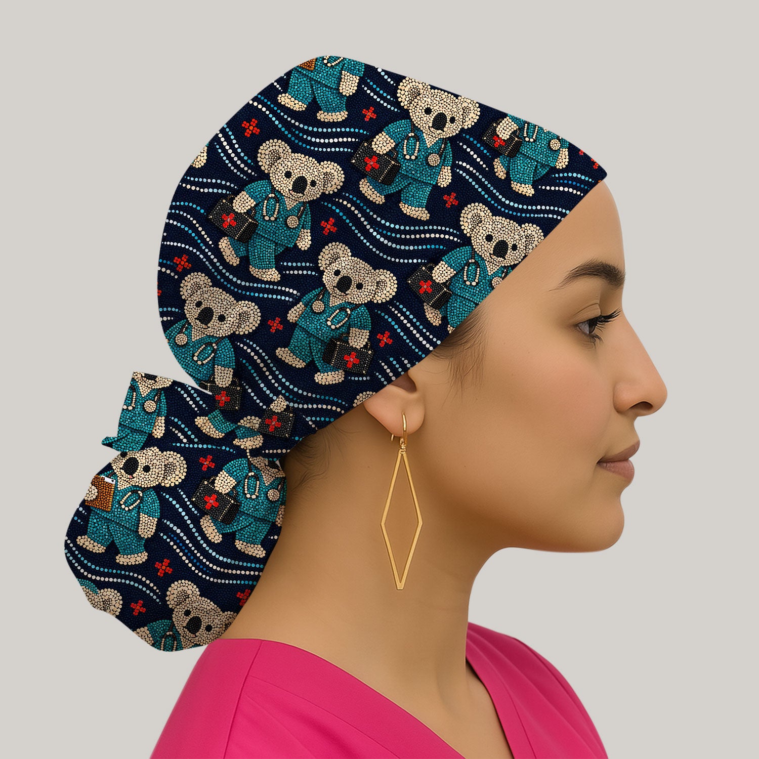 Aboriginal Dot Art Pattern Nurse Scrub Cap, Koala Medical Hat For Women, Breathable Fabrics Nursing Uniform