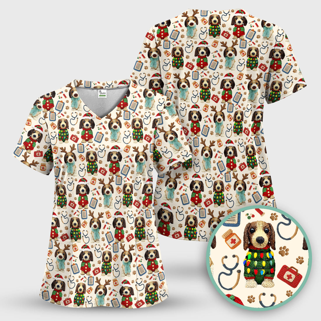 Christmas Doxie Scrubs for Women - Cute Dachshund Christmas Scrub Top for Nurses - Funny Medical Uniform Gift