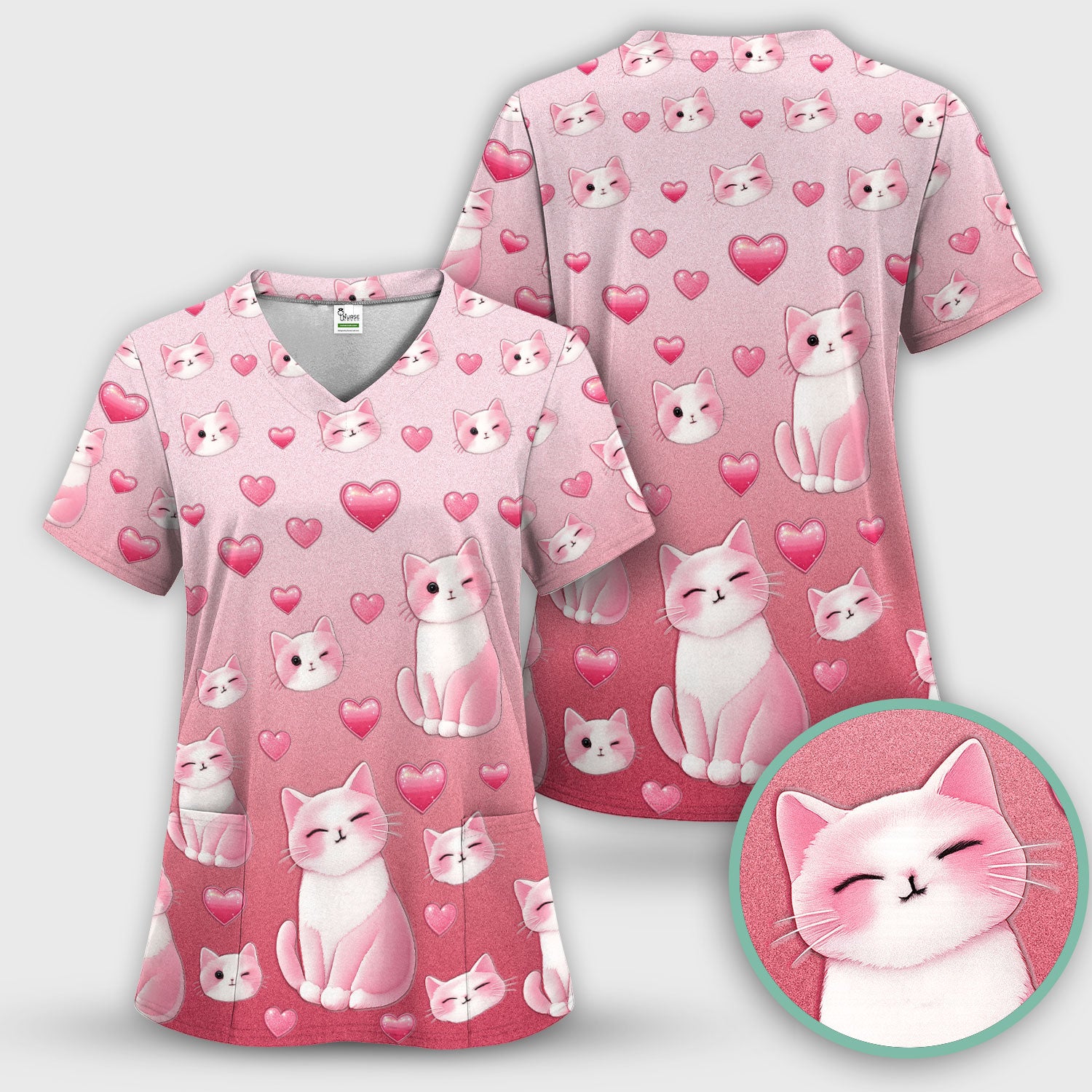 Valentine Cat Scrub Set, Cute Heart Pattern Nurse Shirt, Comfortable Scrubs For Nursing