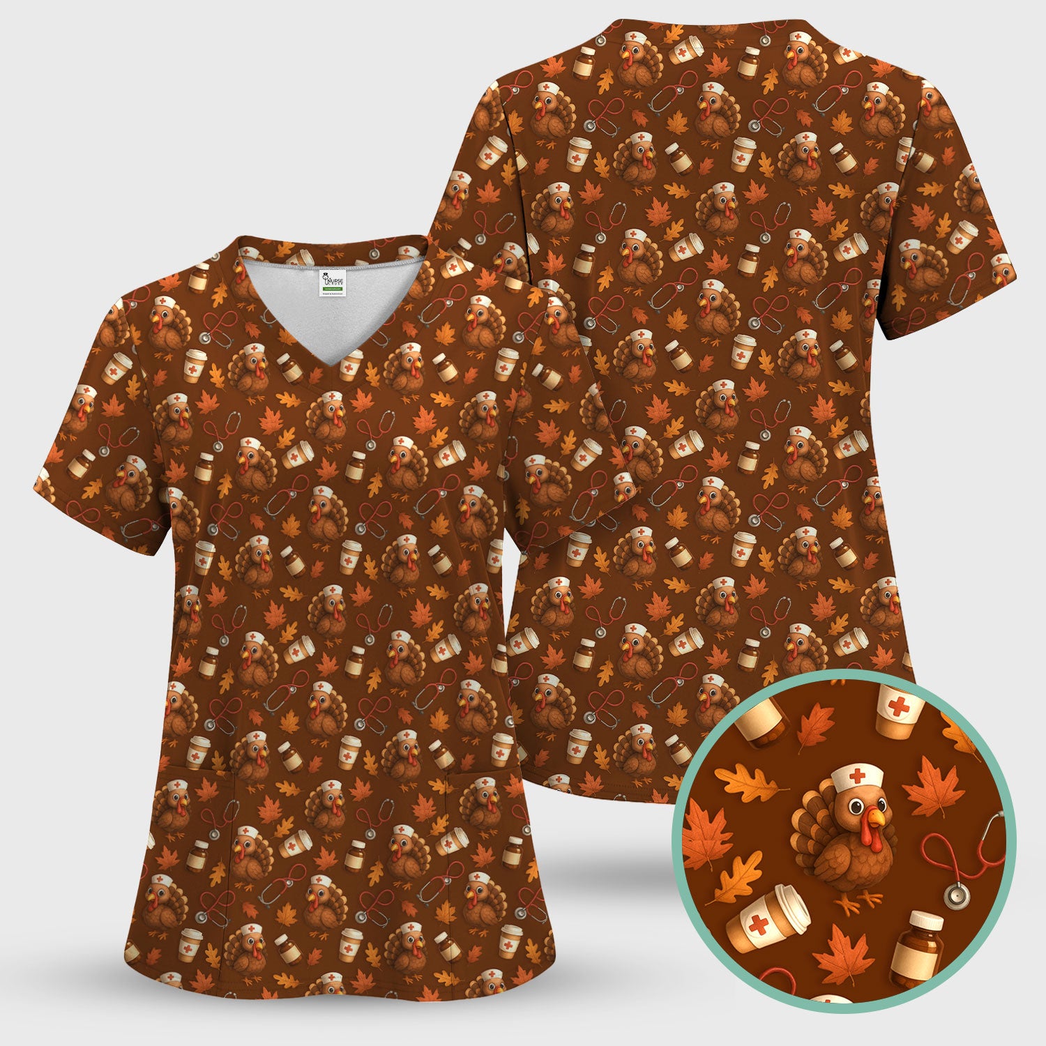 Turkey Pattern Thanksgiving Scrub Set - Fall Leaves and Nurse Tools Print Scrubs - Fun Autumn Medical Pants and Top Gift for RN CNA LPN