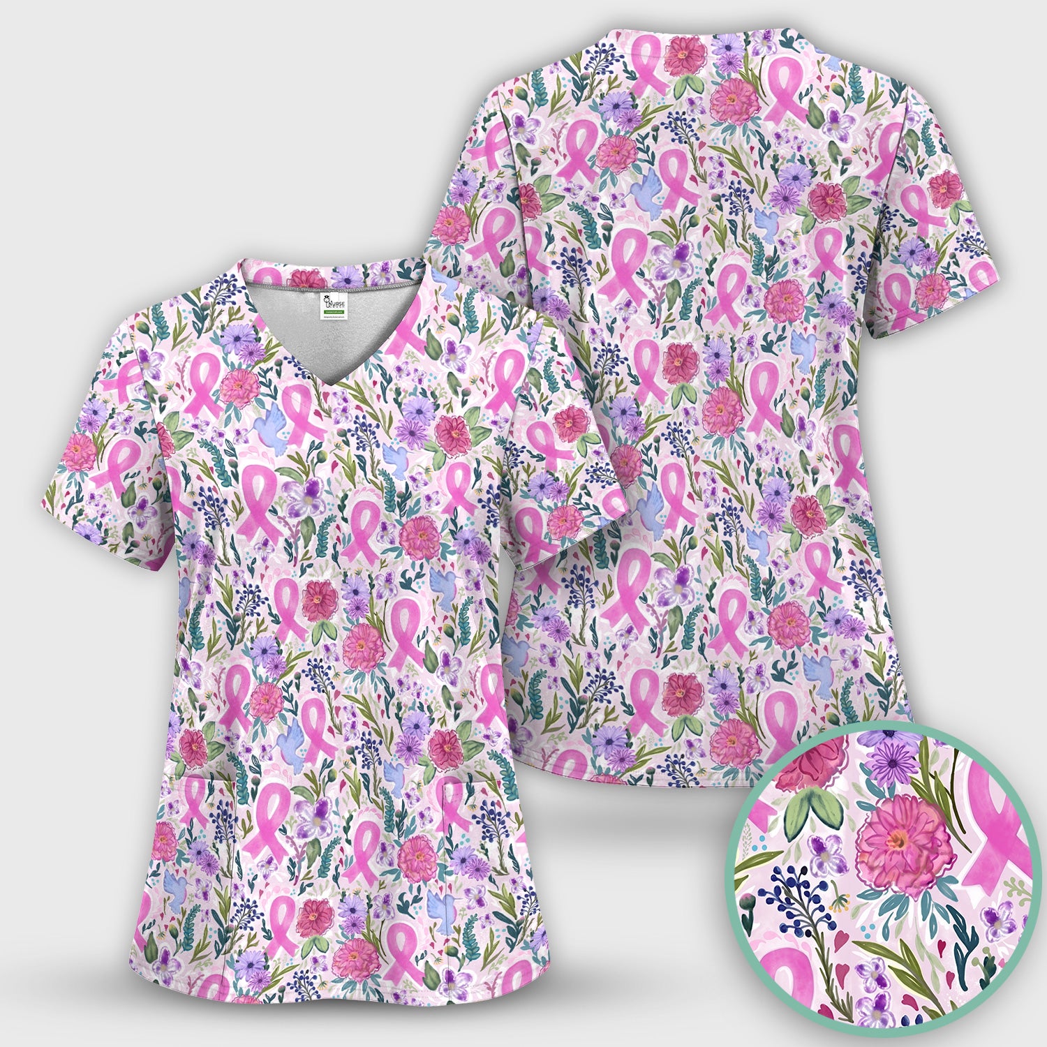 Floral Pink Ribbon Print Scrub Set, Scrub Pants and V Neck Top