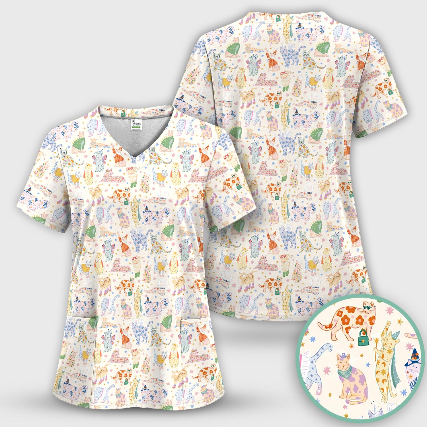 Cute Colorful Cats Pattern Scrub Set, Scrub Pants and V Neck Top