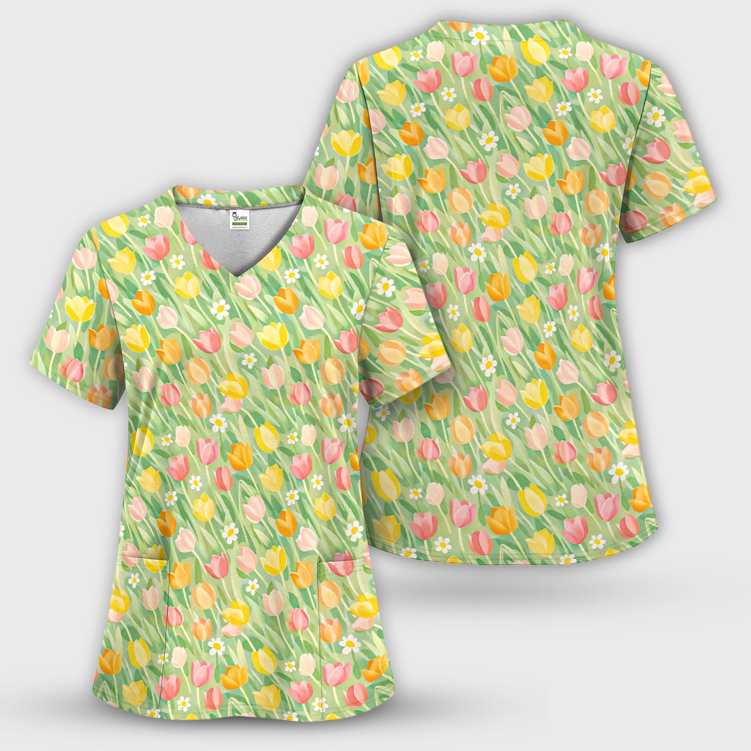 Cheerful Tulip Meadow Print Scrub Set, Women's Scrub Sets