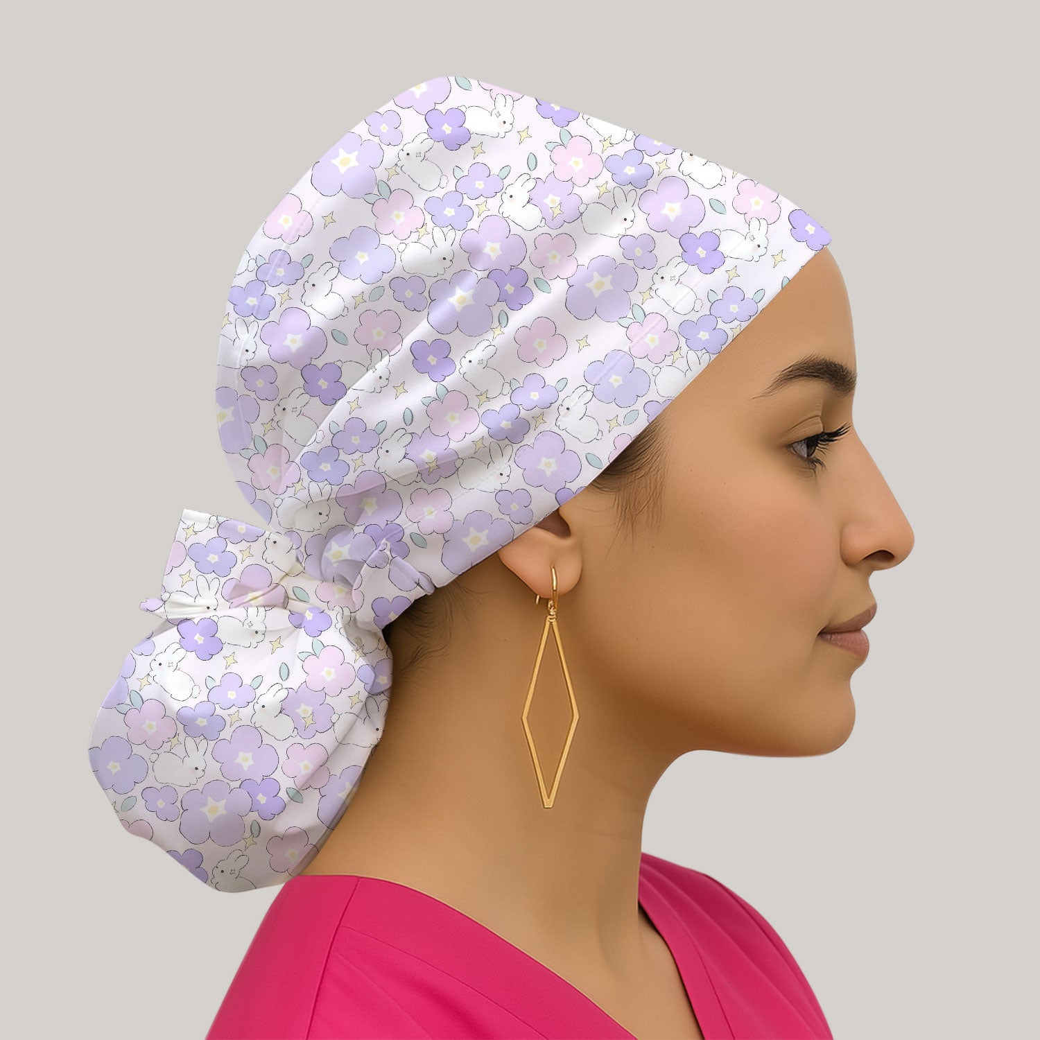 Cute Bunny Floral Pastel Pattern Scrub Cap, Breathable Fabrics Caps Uniform
