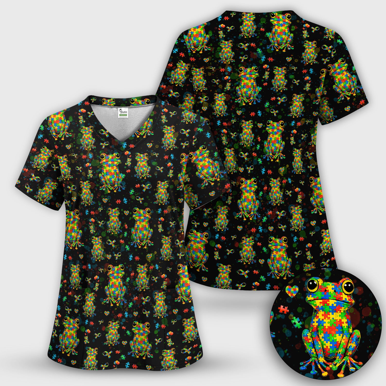 Colorful Autism Puzzle Frog Pattern Scrubs Top, Comfortable Scrubs for Nurses