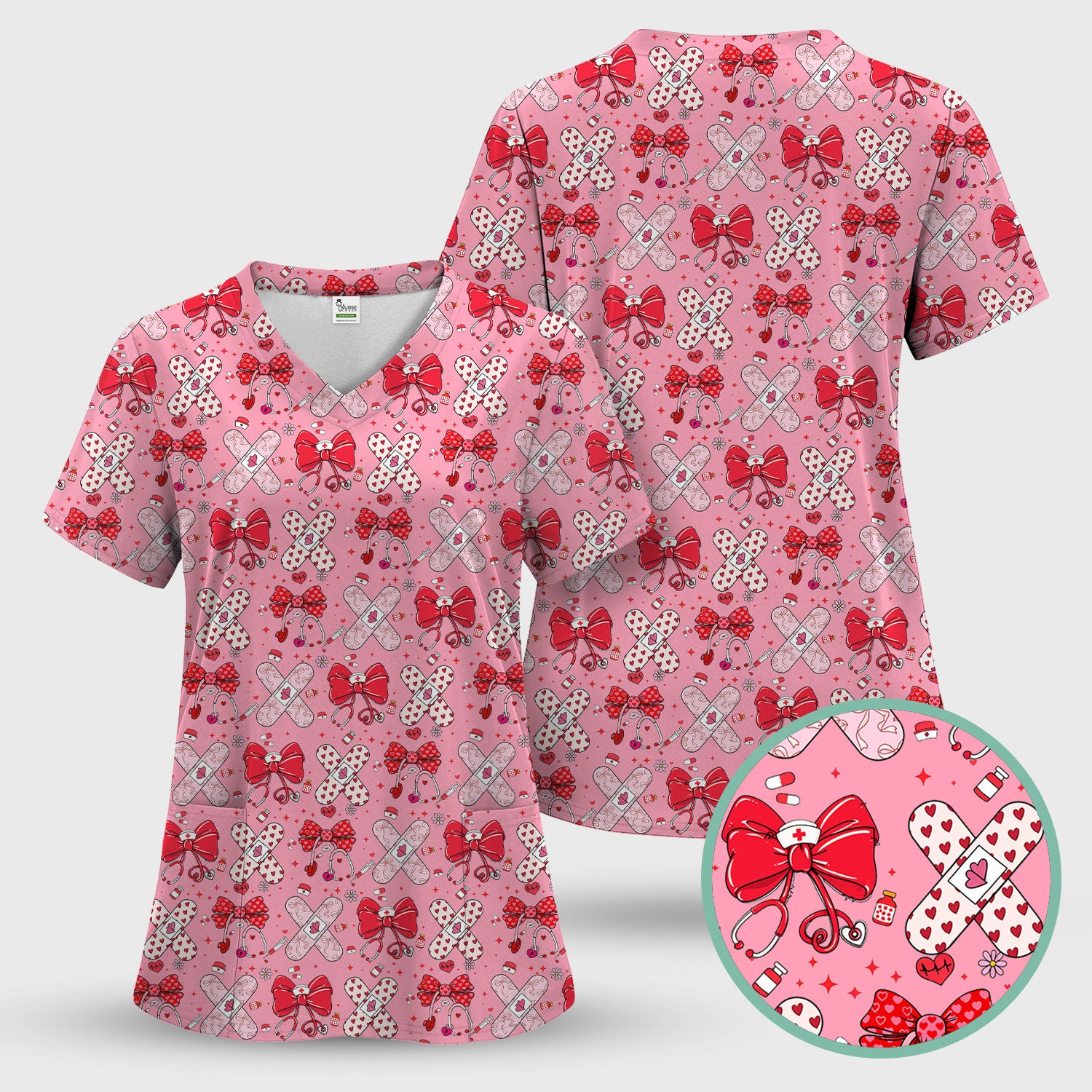 Valentine Nurse Scrub Top, Red Bow And Heart Bandage Pattern Medical Shirt, Breathable Fabrics Nursing Uniform