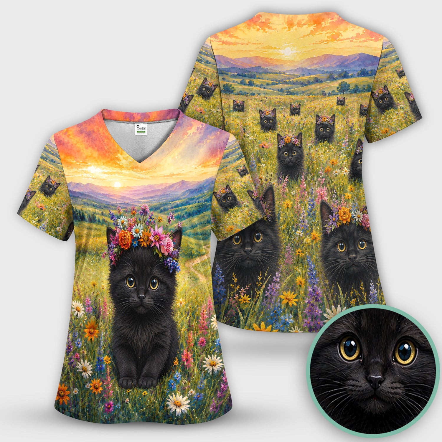 Black Kitten Flower Meadow Pattern Scrub Set, Scrub Pants and V Neck Top