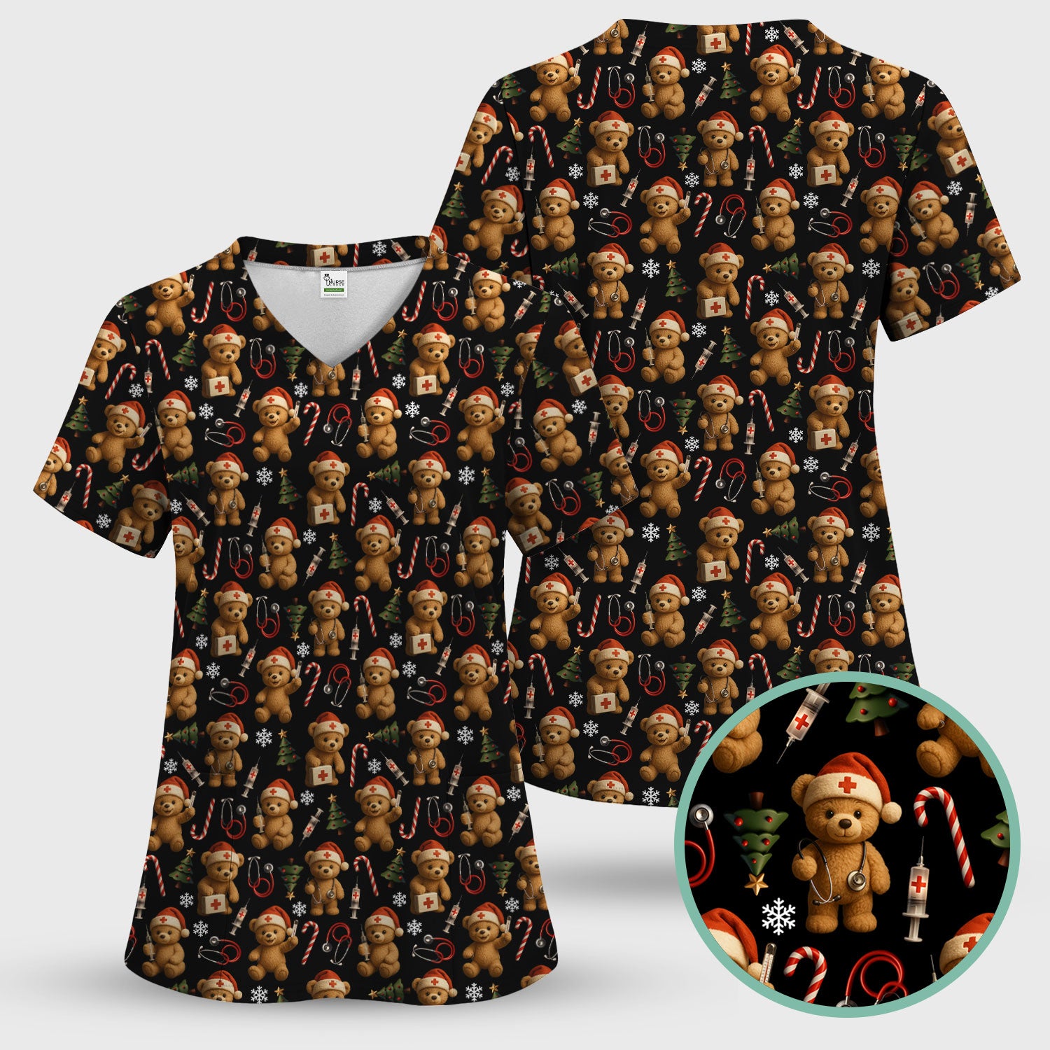 Gingerbread Bear Nurse Christmas Scrub Set - Cute Holiday Medical Pattern with Stethoscopes & Candy Canes - Festive Scrubs for Women